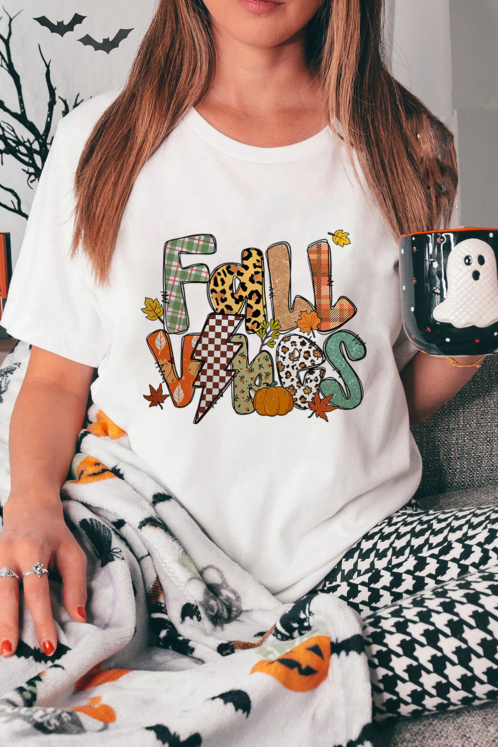 White FALL VIBES Cotton Blend Casual T Shirt