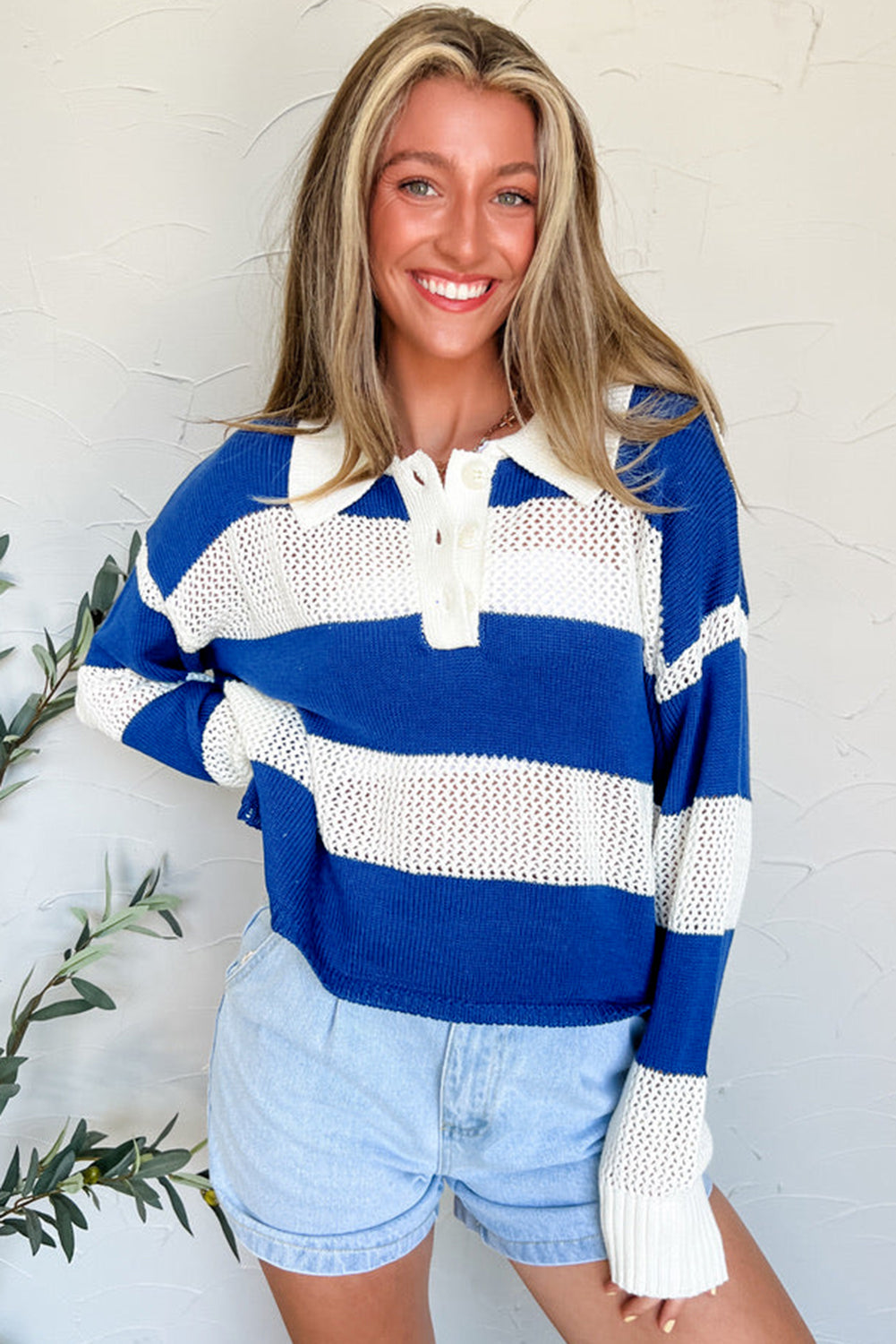 Blue Stripe Colorblock Polo Collar Eyelet Crochet Knit Sweater