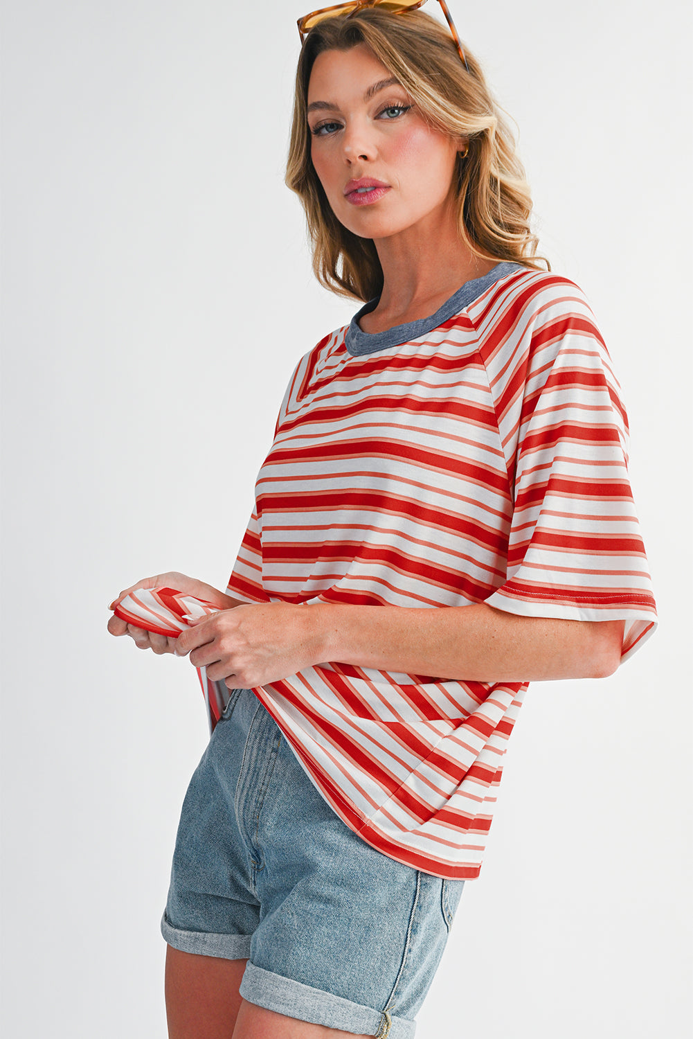Tomato Red Striped Raglan Sleeve Contrast Neck T-Shirt