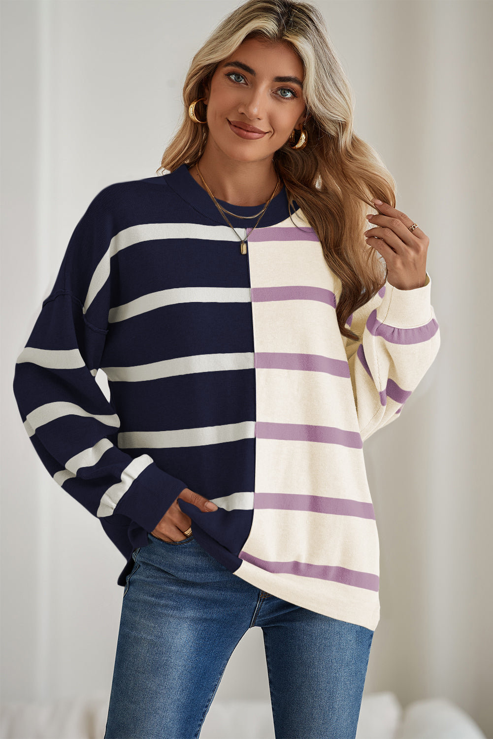 Blue Stripe Exposed Seam Patchwork Loose Sweater