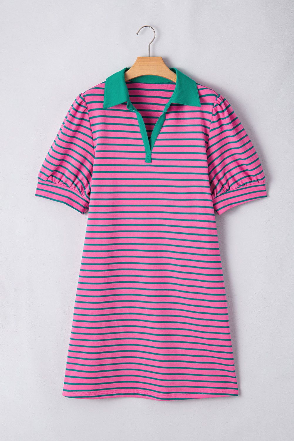 Rose Stripe Collared Puff Sleeve Pocket Plus Size Pop of Color Neckline Dress
