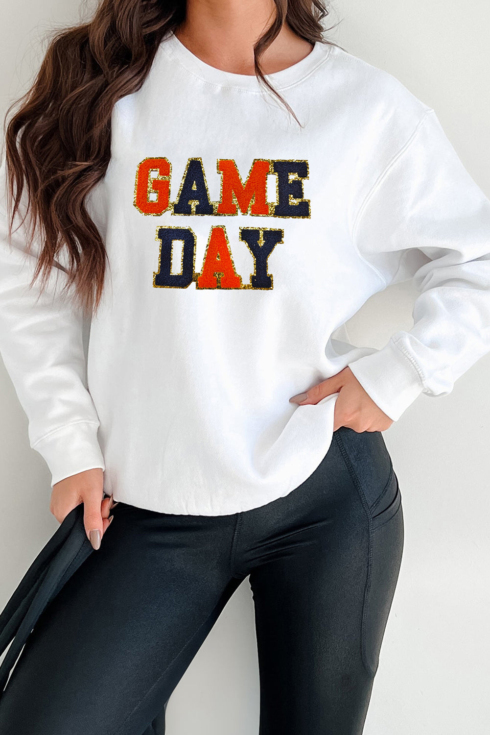 White Chenille GAME DAY Letter Round Neck Sweatshirt