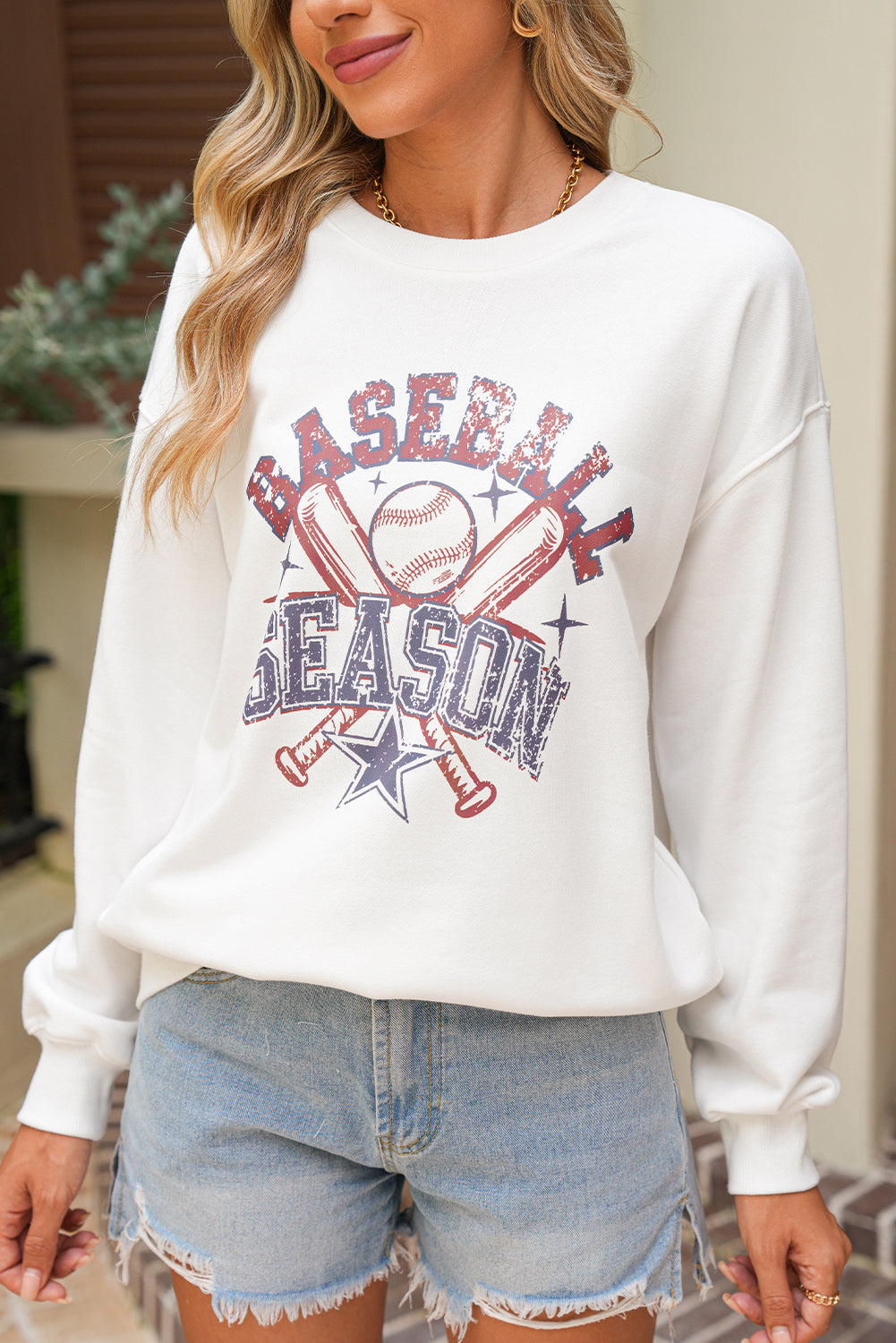 White BASEBALL SEASON Vintage Print Graphic Sweatshirt