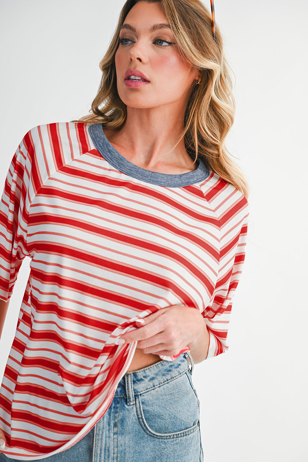Tomato Red Striped Raglan Sleeve Contrast Neck T-Shirt