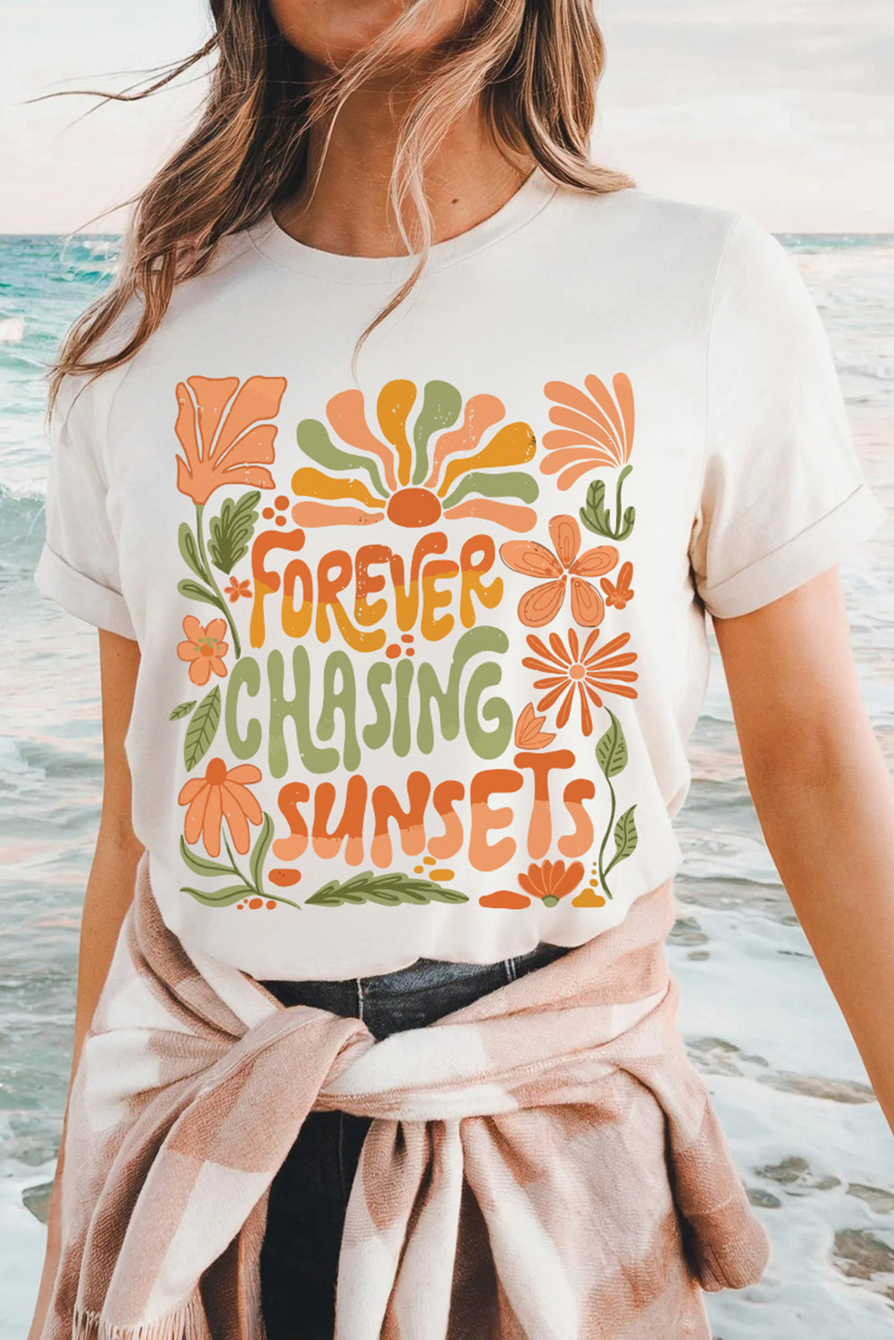 White FOREVER CHASING SUNSETS Floral Print T Shirt
