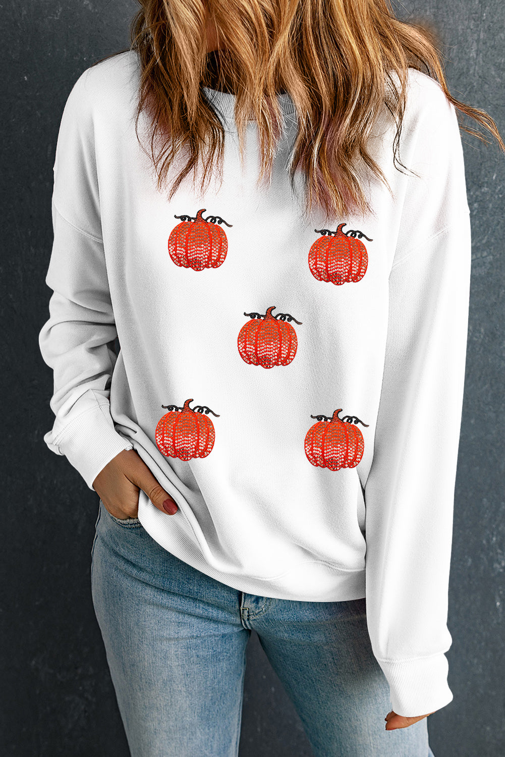 White Sequin Pumpkin Patched Drop Shoulder Sweatshirt