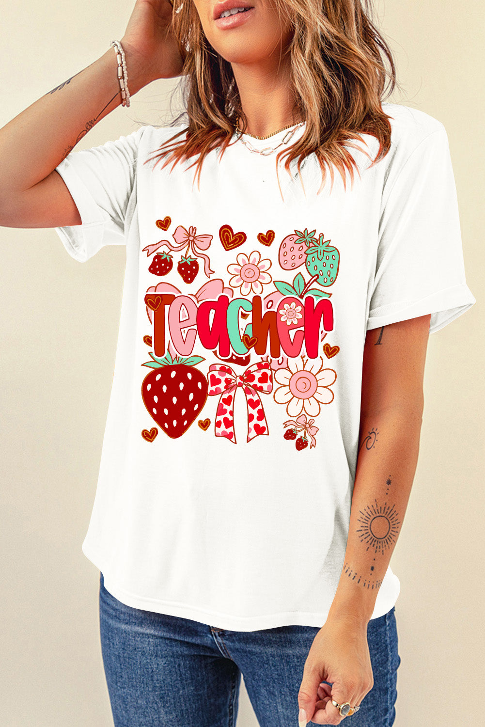 White Cute Strawberry Floral Teacher Graphic Custom Tee