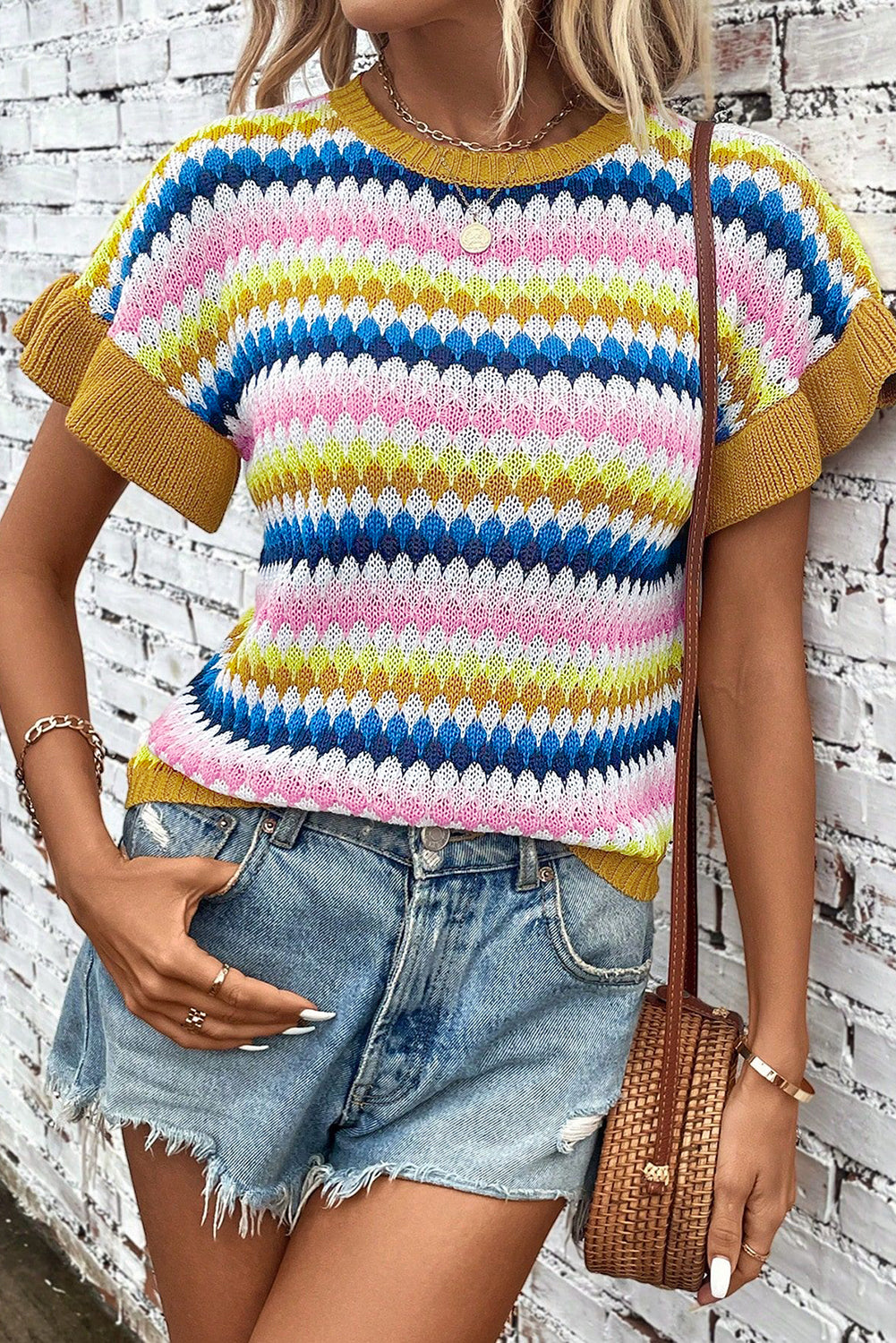 Emely Ruffle Sleeve Colorful Textured Sweater-0