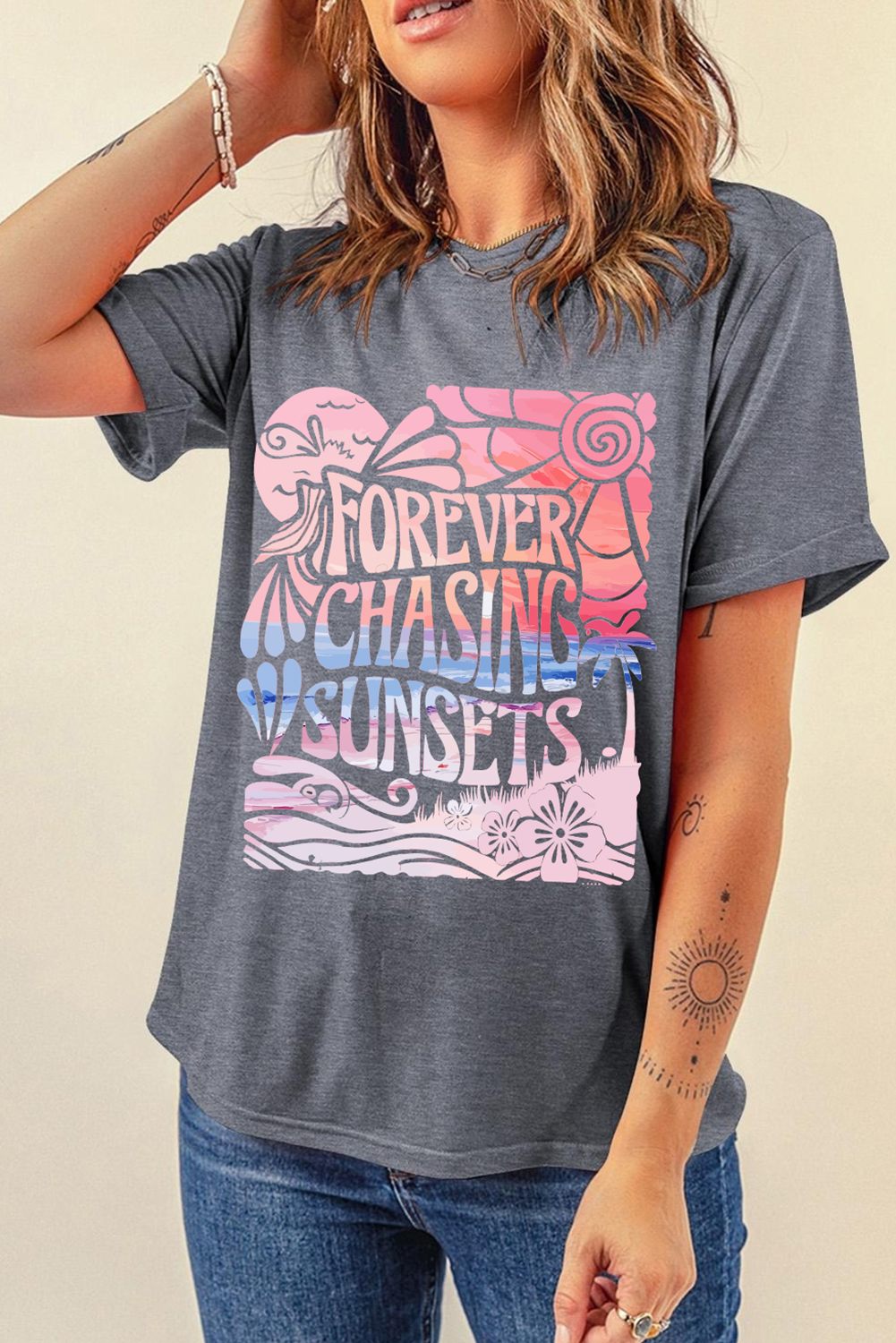 Gray FOREVER CHASING SUNSETS Graphic Summer T Shirt
