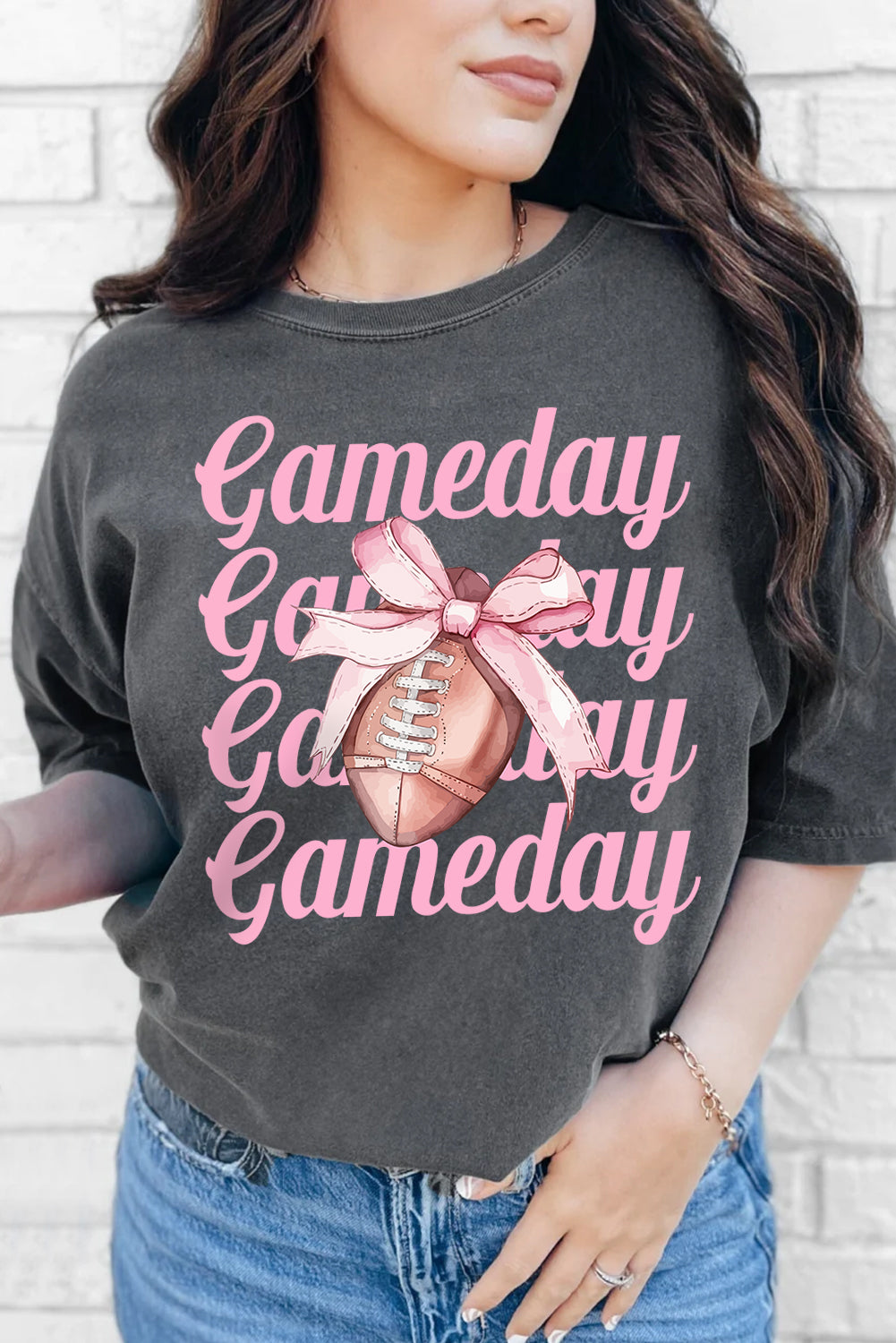 Gray Game Day Bowknot Football Graphic Casual Tee