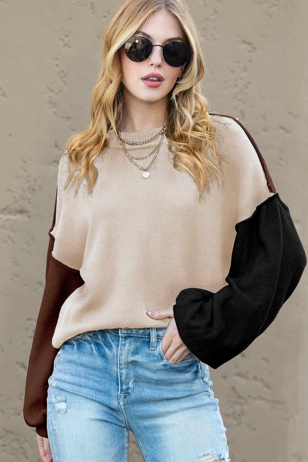 Brown Colorblock Bishop Sleeve Exposed Seam Ribbed Trim Sweater