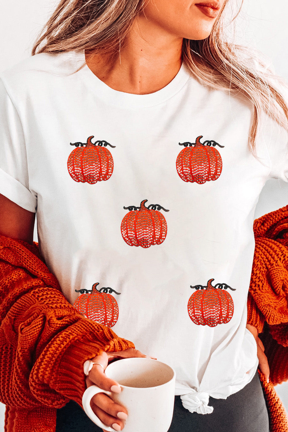 White Glitter Pumpkin Patched Cotton Blend T Shirt