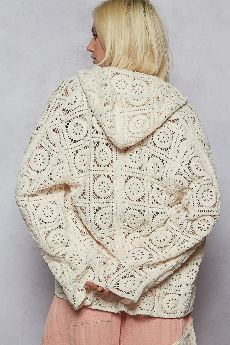Lace Crochet Open Front Hooded Cardigan