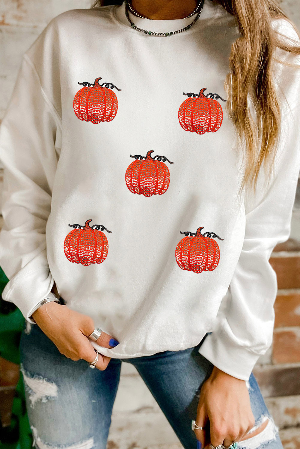 White Sequin Pumpkin Patched Drop Shoulder Sweatshirt