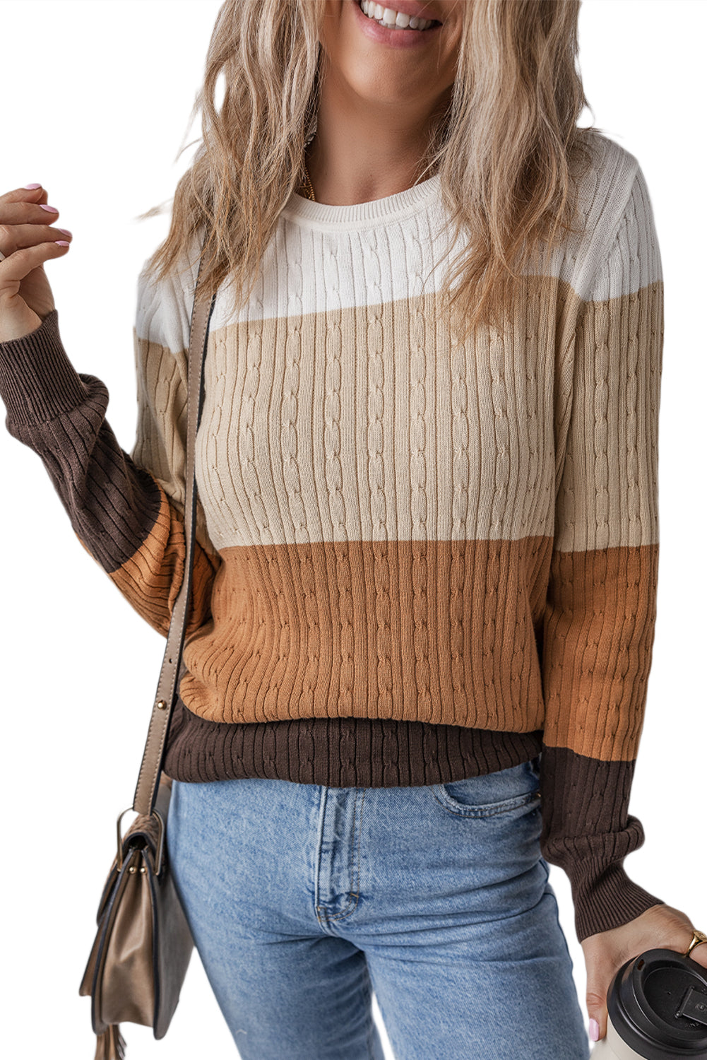 Khaki Colorblock Cable Knit Round Neck Sweater
