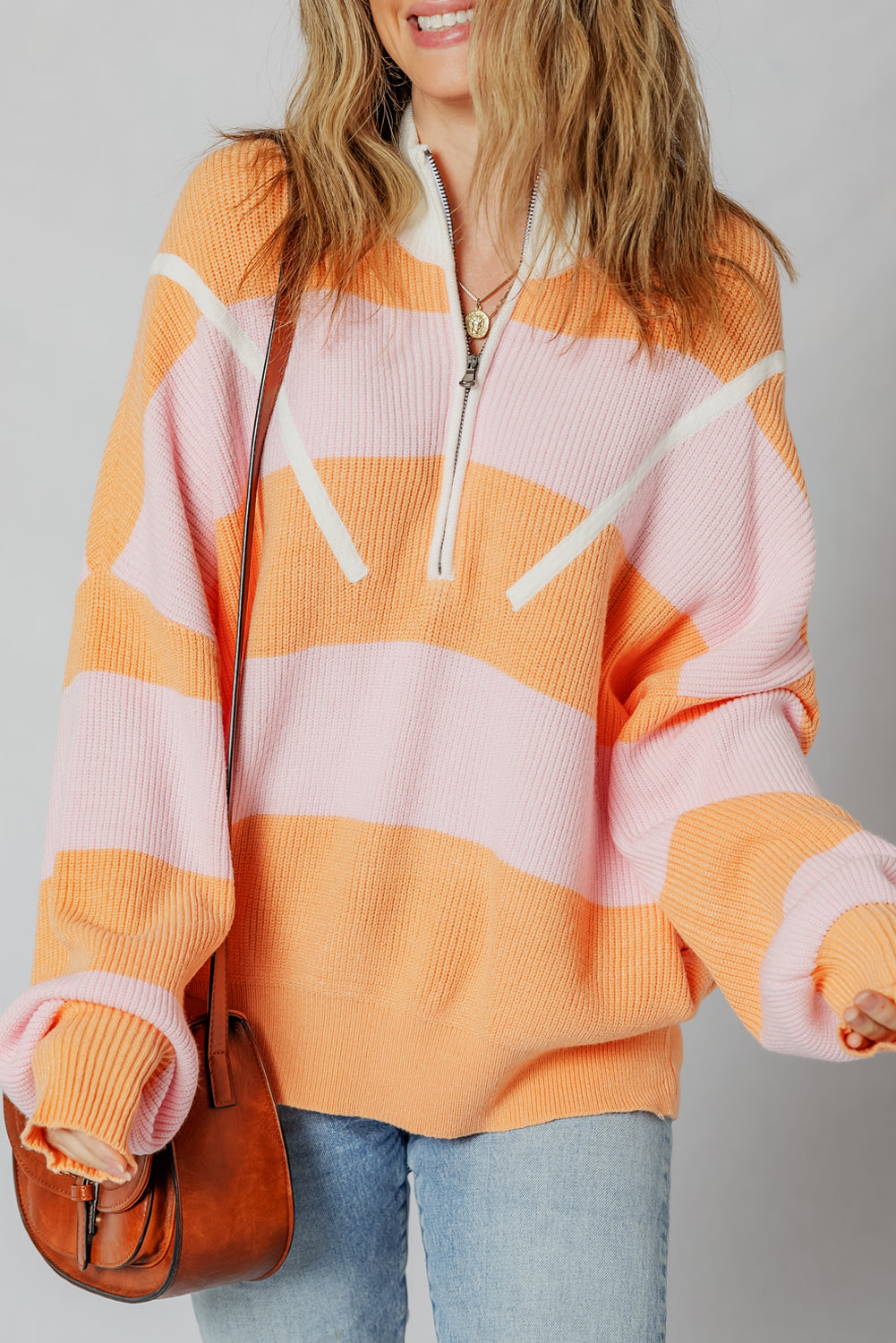 Orange Stripe Half Zip Collar Loose Sweater