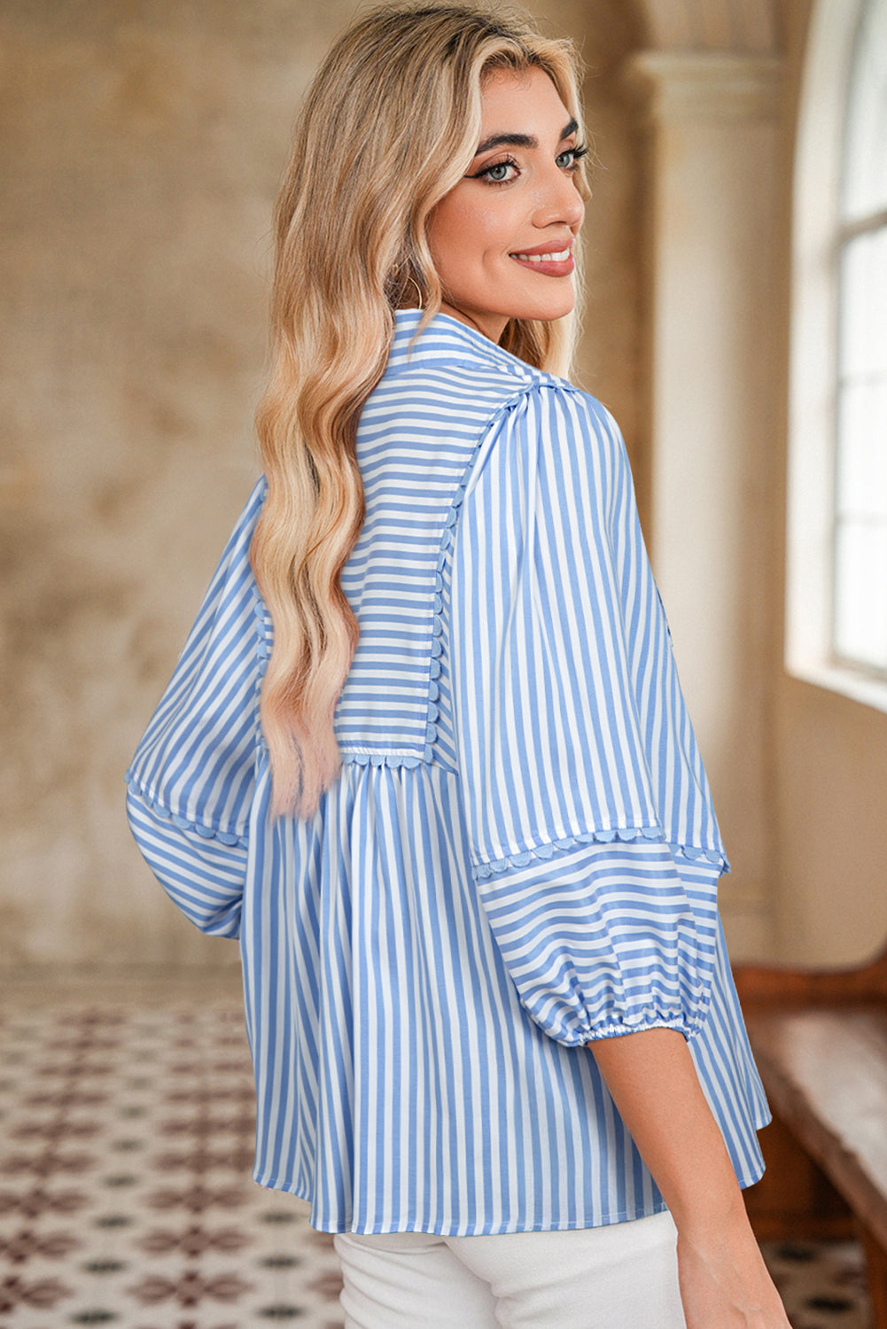 Sky Blue Striped Ric Rac Trim Collared V Neck Blouse