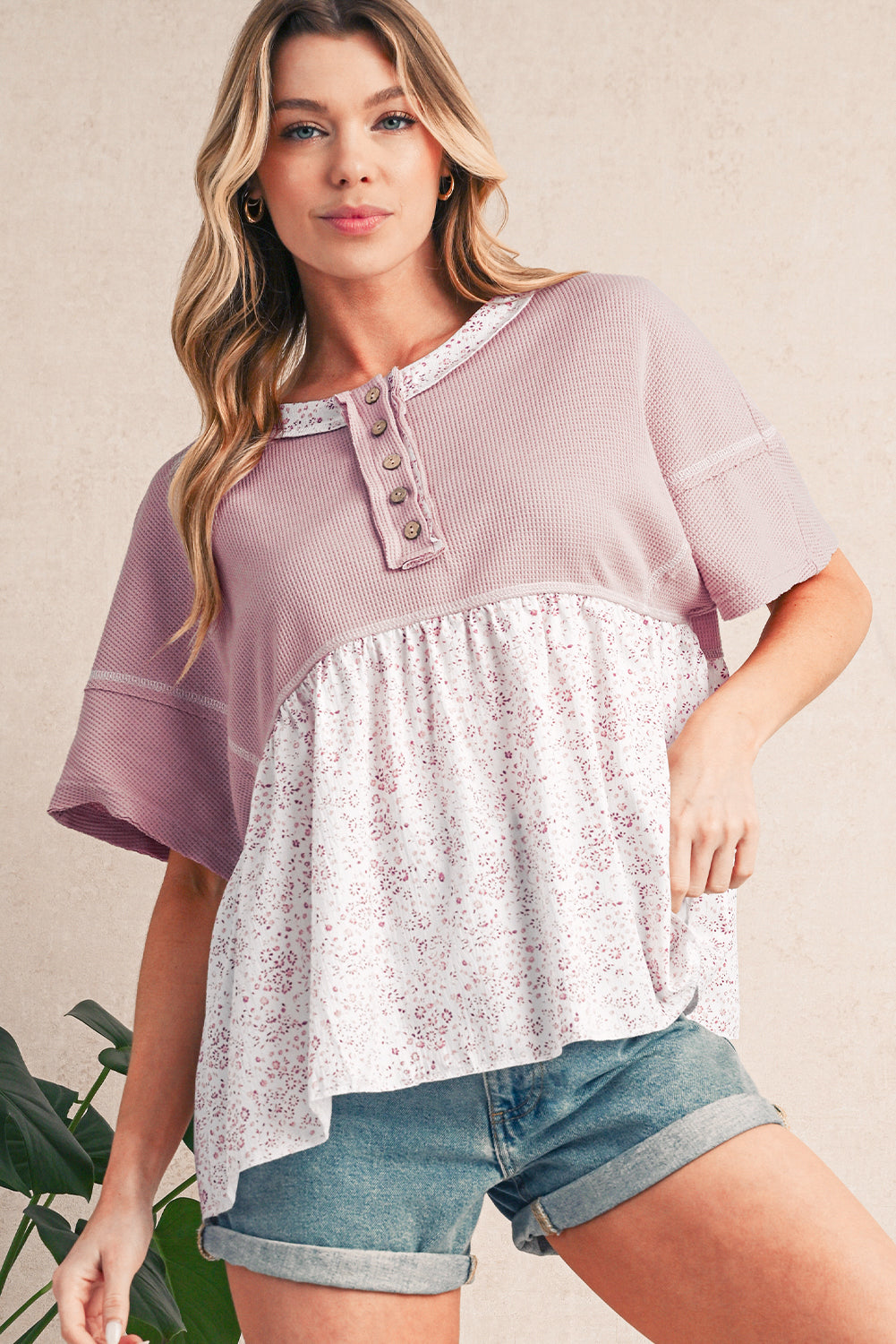 Pink Waffle Floral Patchwork Exposed Seam Detail Short Sleeve Top