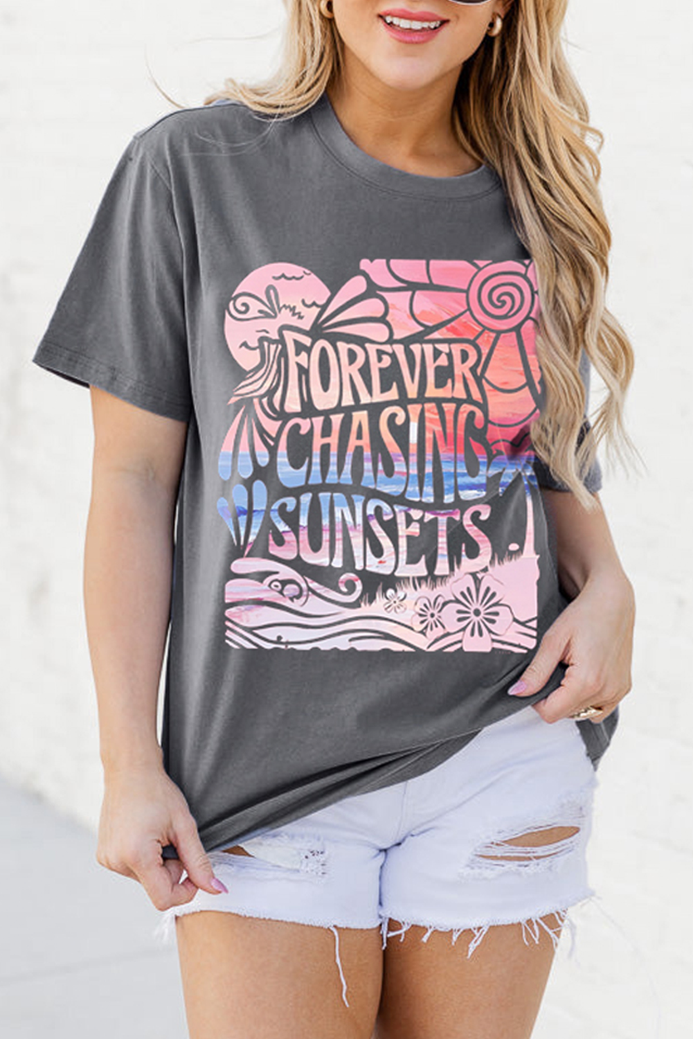 Gray FOREVER CHASING SUNSETS Graphic Summer T Shirt