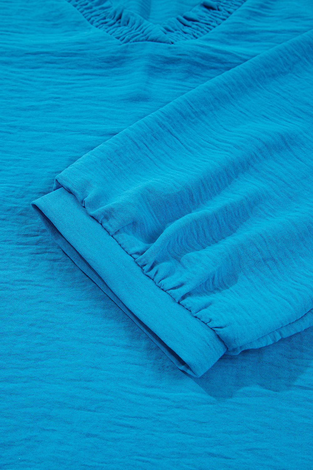 Sky Blue Frill V Neckline Puff Sleeve Crinkled Blouse
