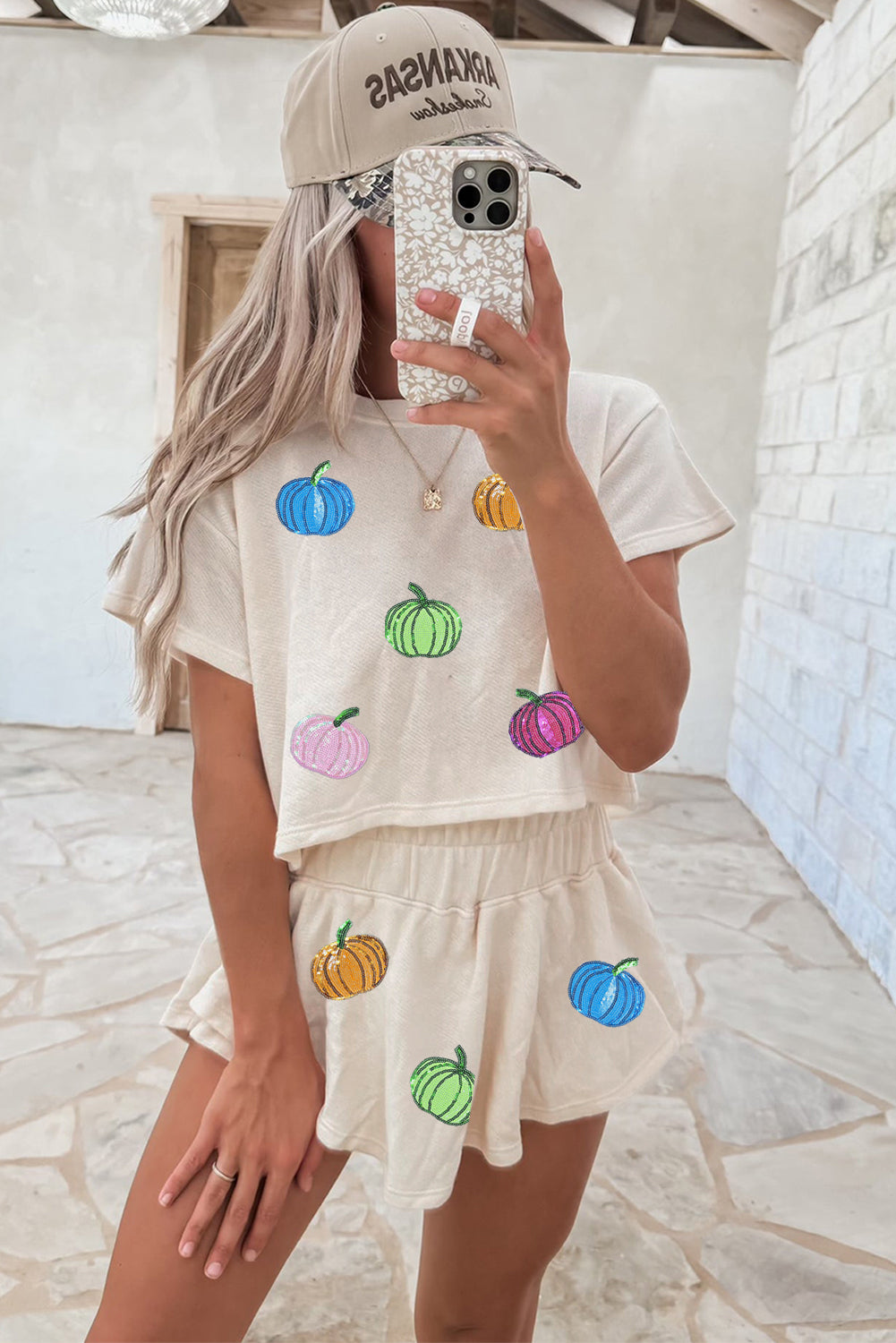 Beige Sequin Pumpkin Cropped Tee Loose 2pcs Skort Set