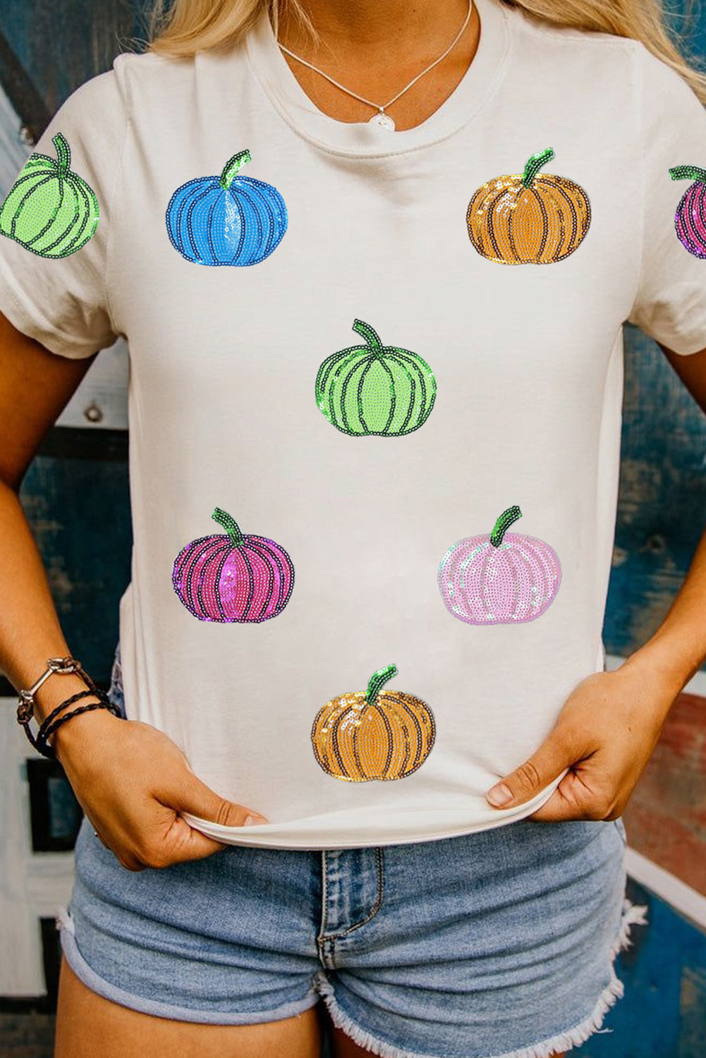White Sequin Pumpkin Patched Cotton Blend T Shirt