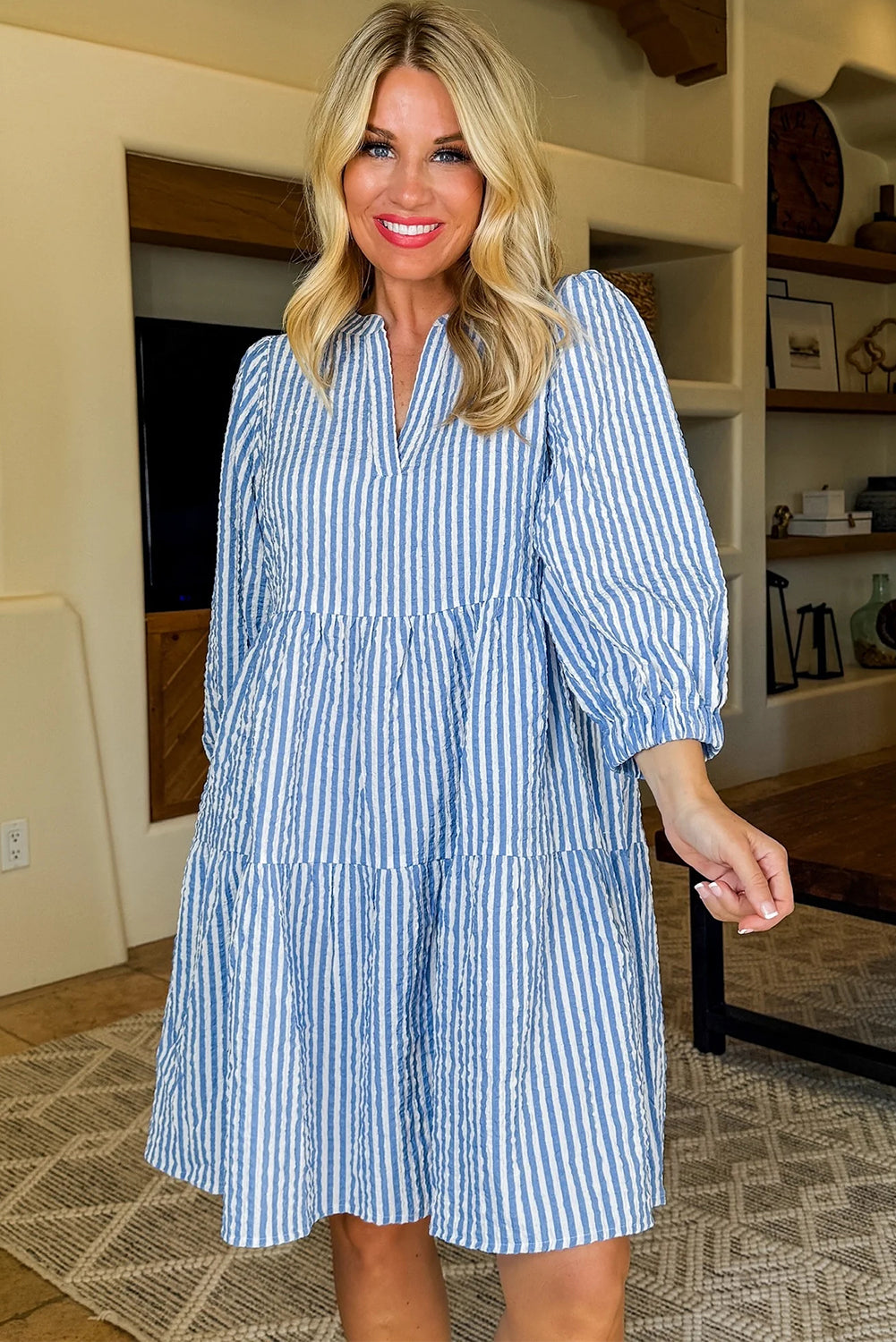 Sky Blue Stripe Bracelet Sleeve Tiered Shift Dress with Pockets