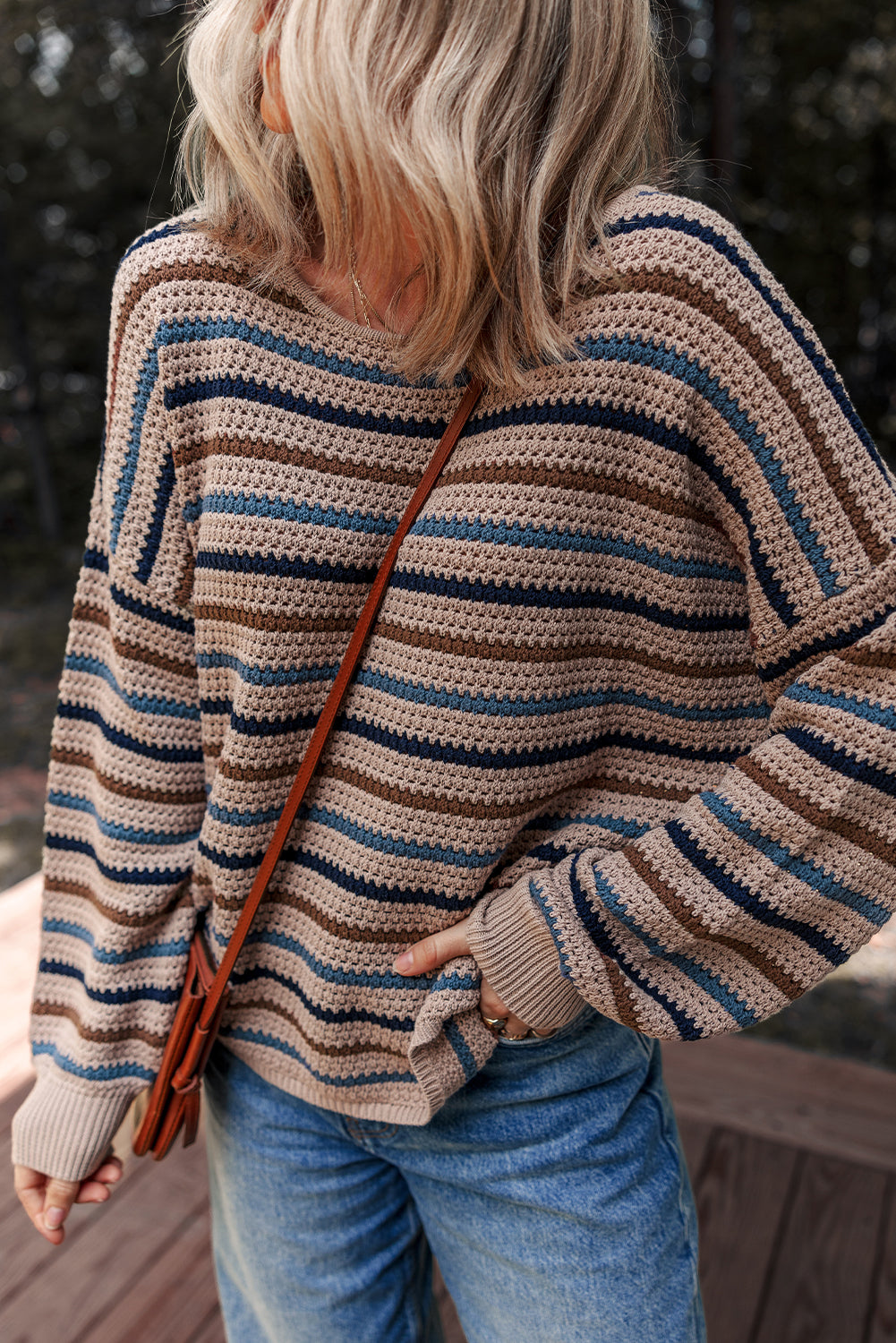 Multicolour Striped Knitted Drop Shoulder Crew Neck Sweater