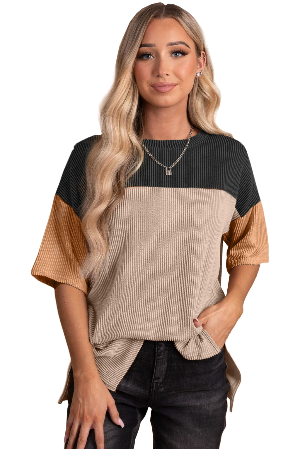 Black Color Block Ribbed Side Slits Half Sleeve Top