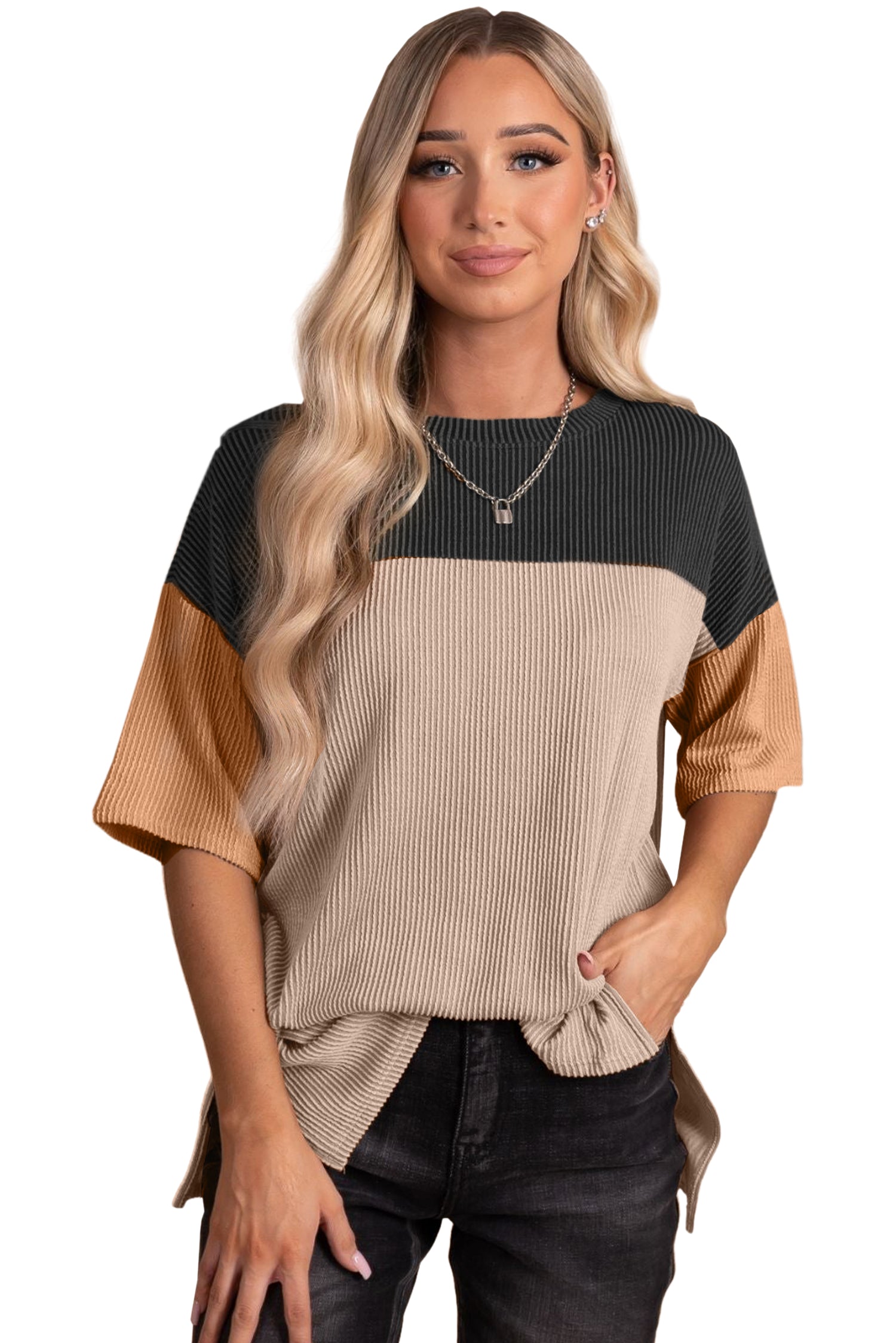 Black Color Block Ribbed Side Slits Half Sleeve Top