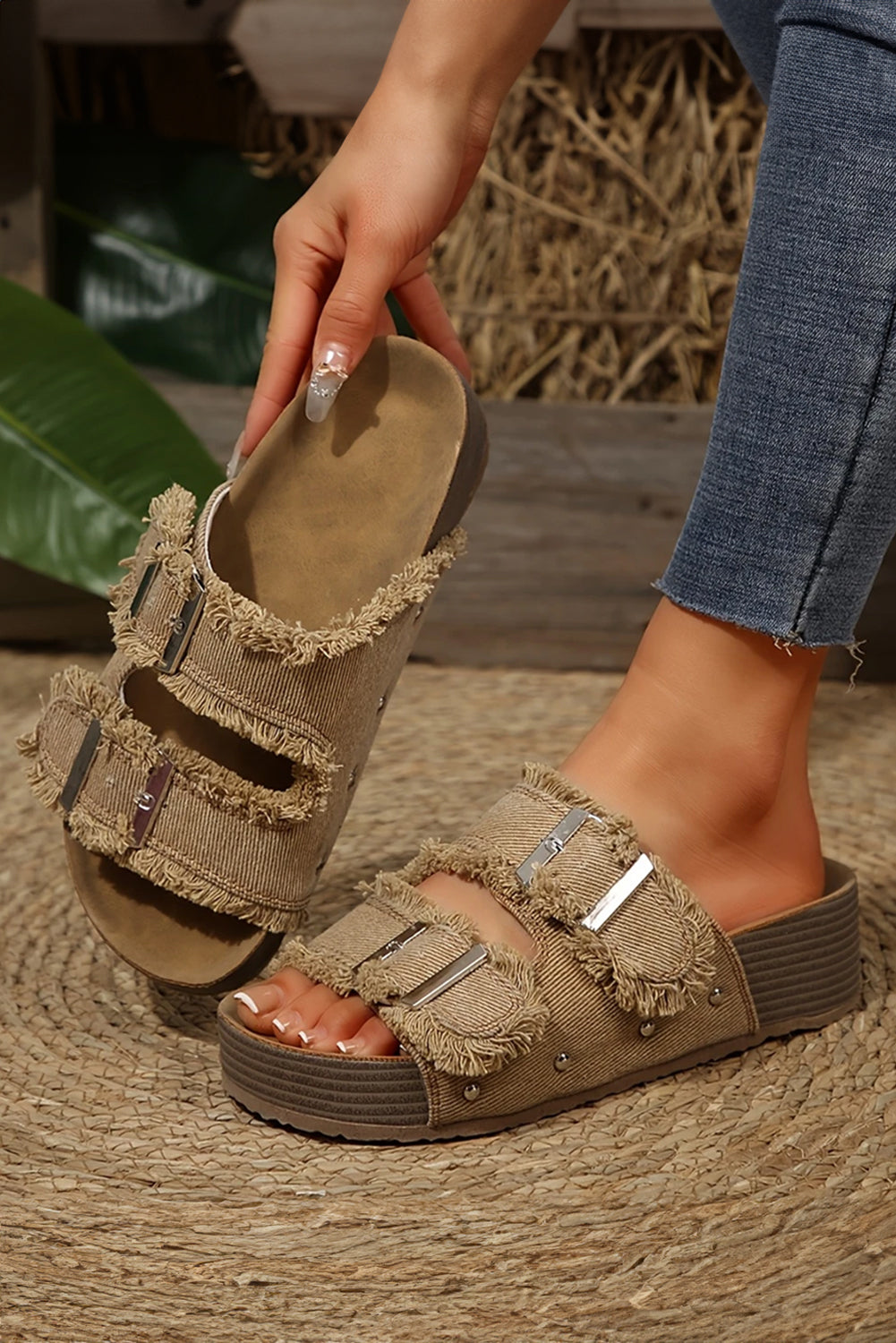 Pale Khaki Double Buckle Straps Frayed Detial Retro Slippers