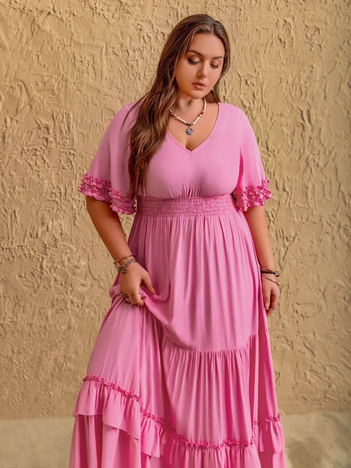 Plus Size V-Neck Half Sleeve Maxi Dress