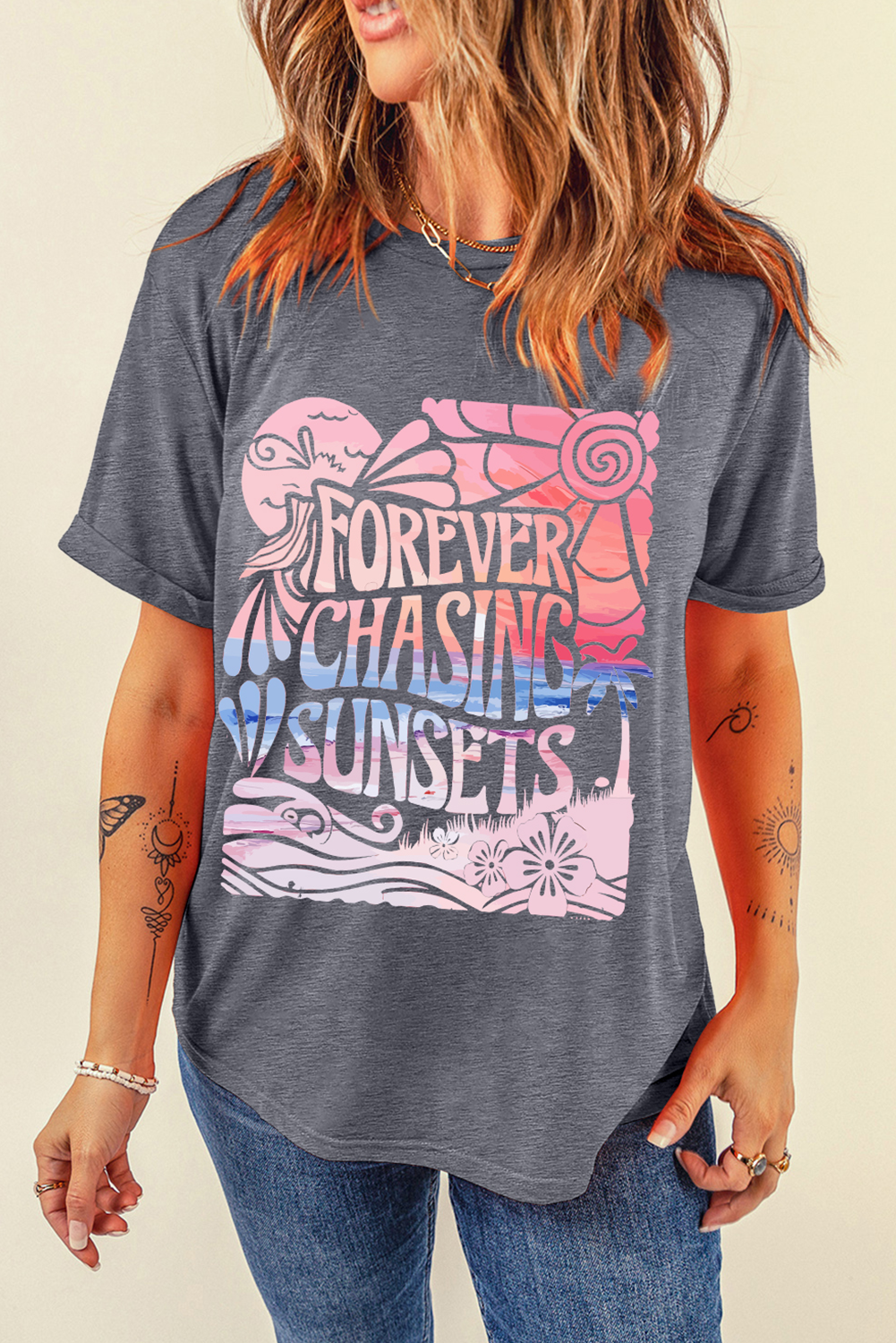 Gray FOREVER CHASING SUNSETS Graphic Summer T Shirt