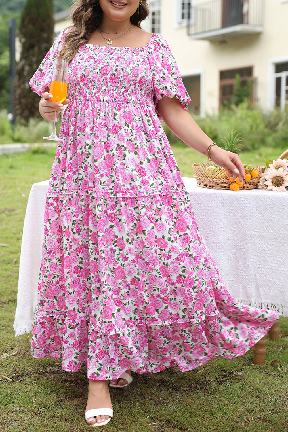 Pink Plus Size Floral Print Smocked Puff Sleeve Maxi Dress