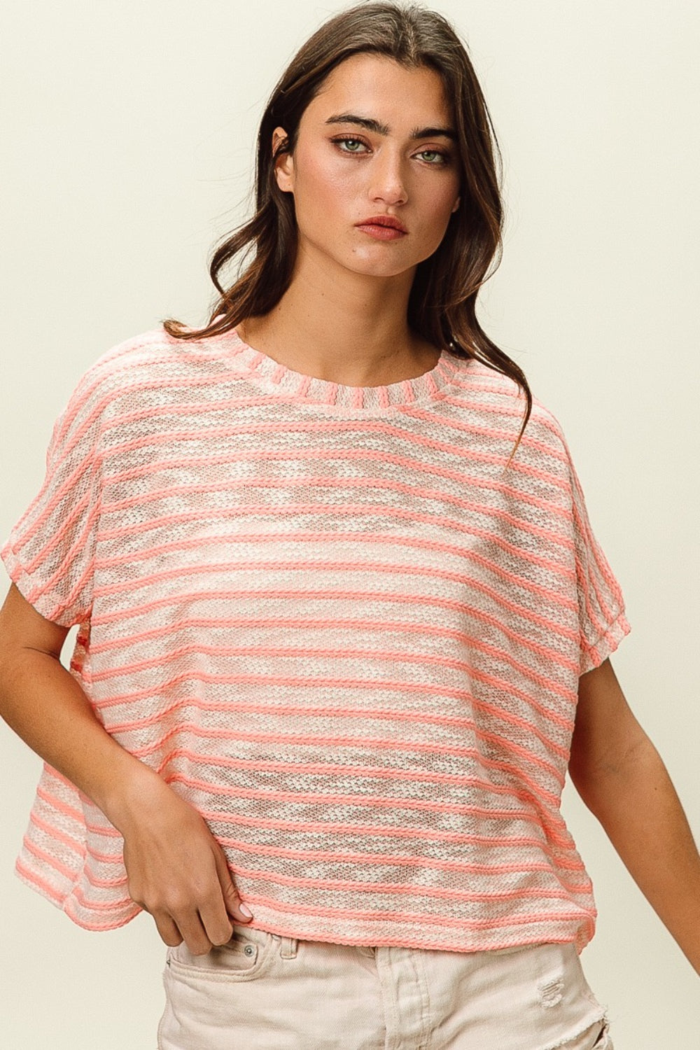 BiBi Braid Striped Short Sleeve Round Neck T-Shirt-0