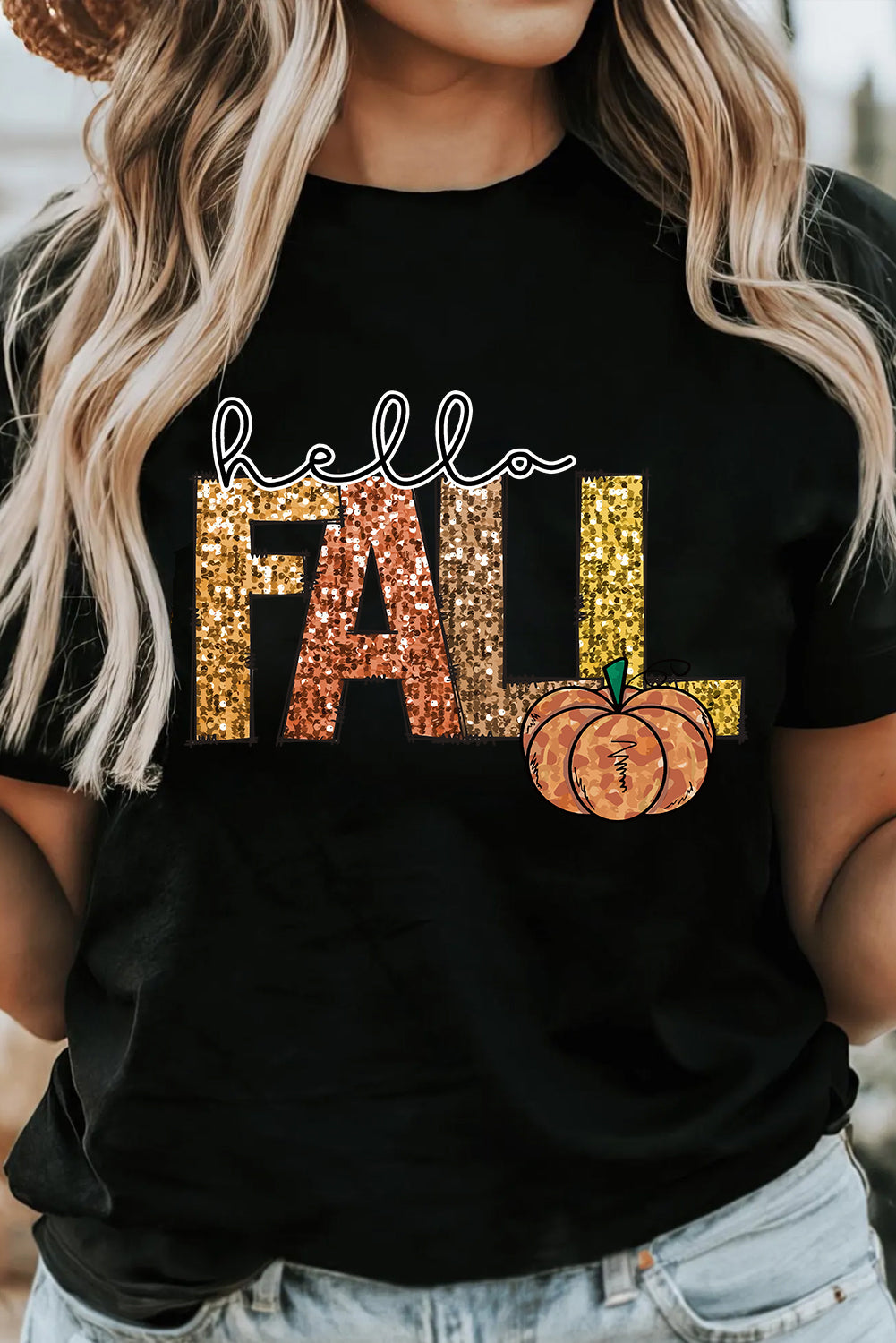 Black Hello Fall Letter Pumpkin Printed T Shirt