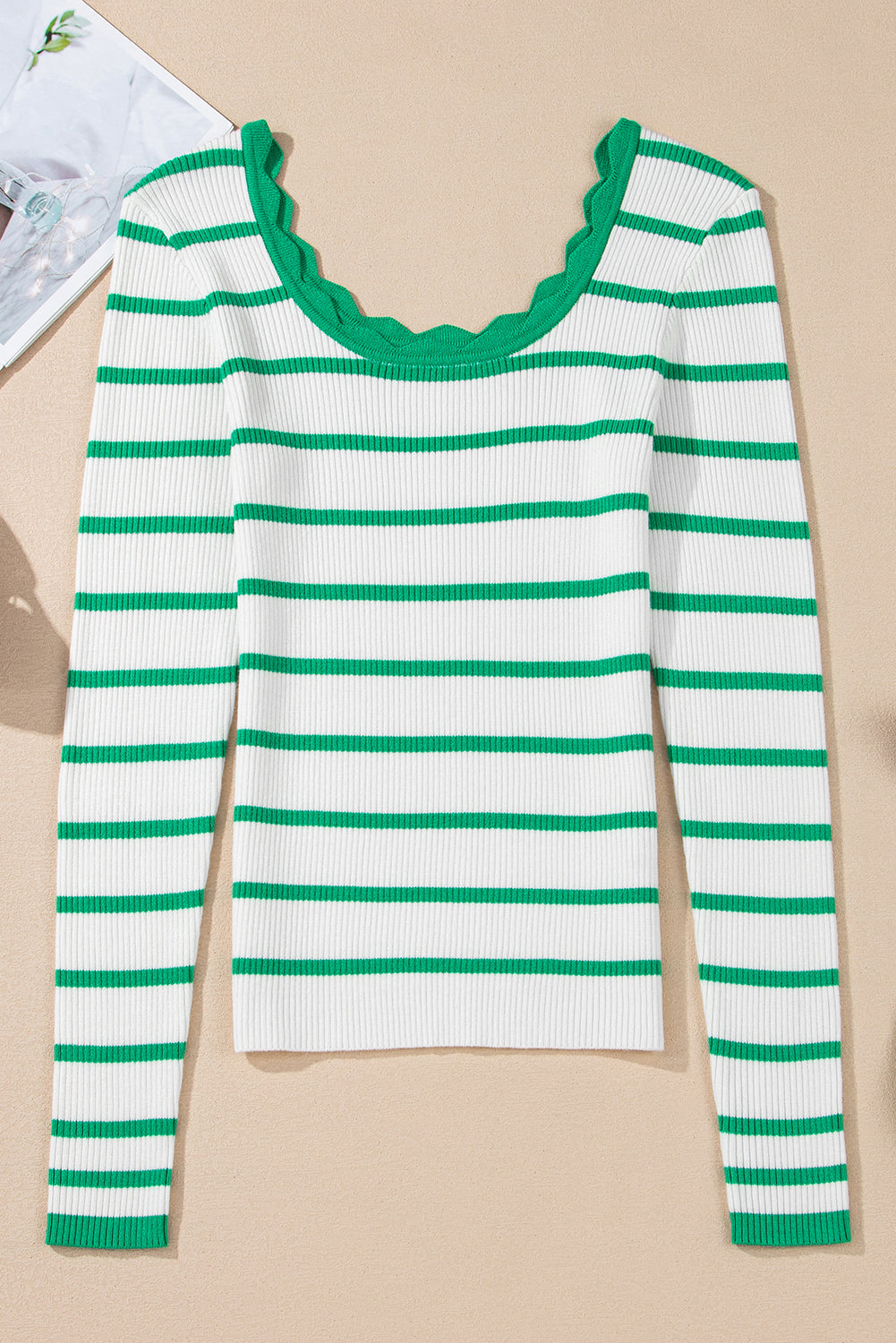 Bright Green Scalloped Edge Striped Long Sleeve  Sweater