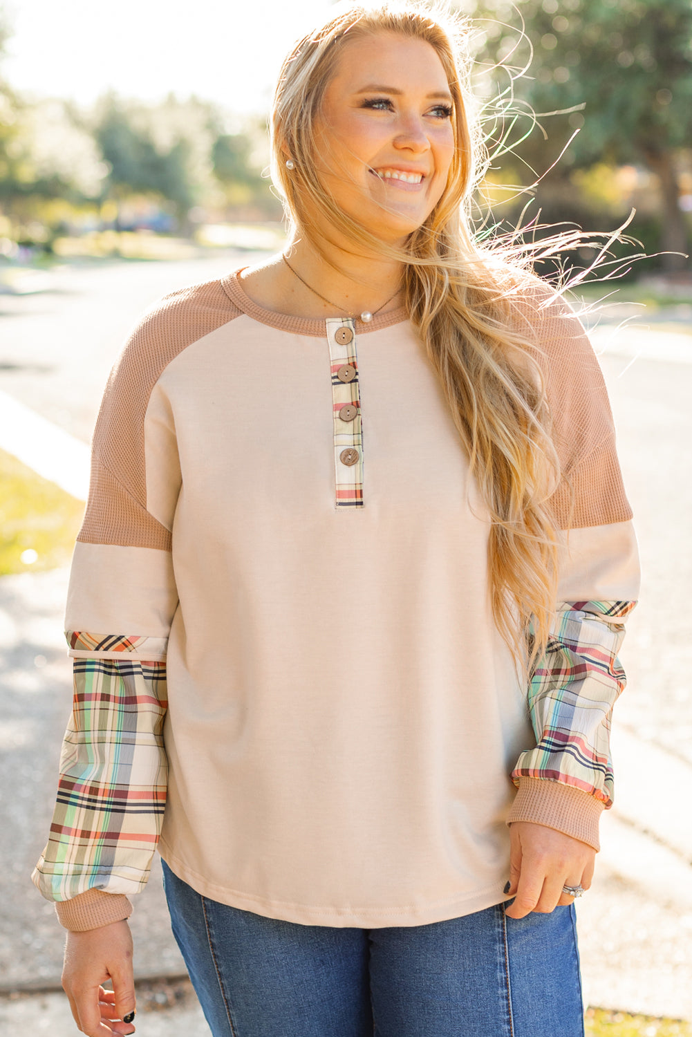 Parchment Plus Size Plaid Waffle Patchwork Henley Top