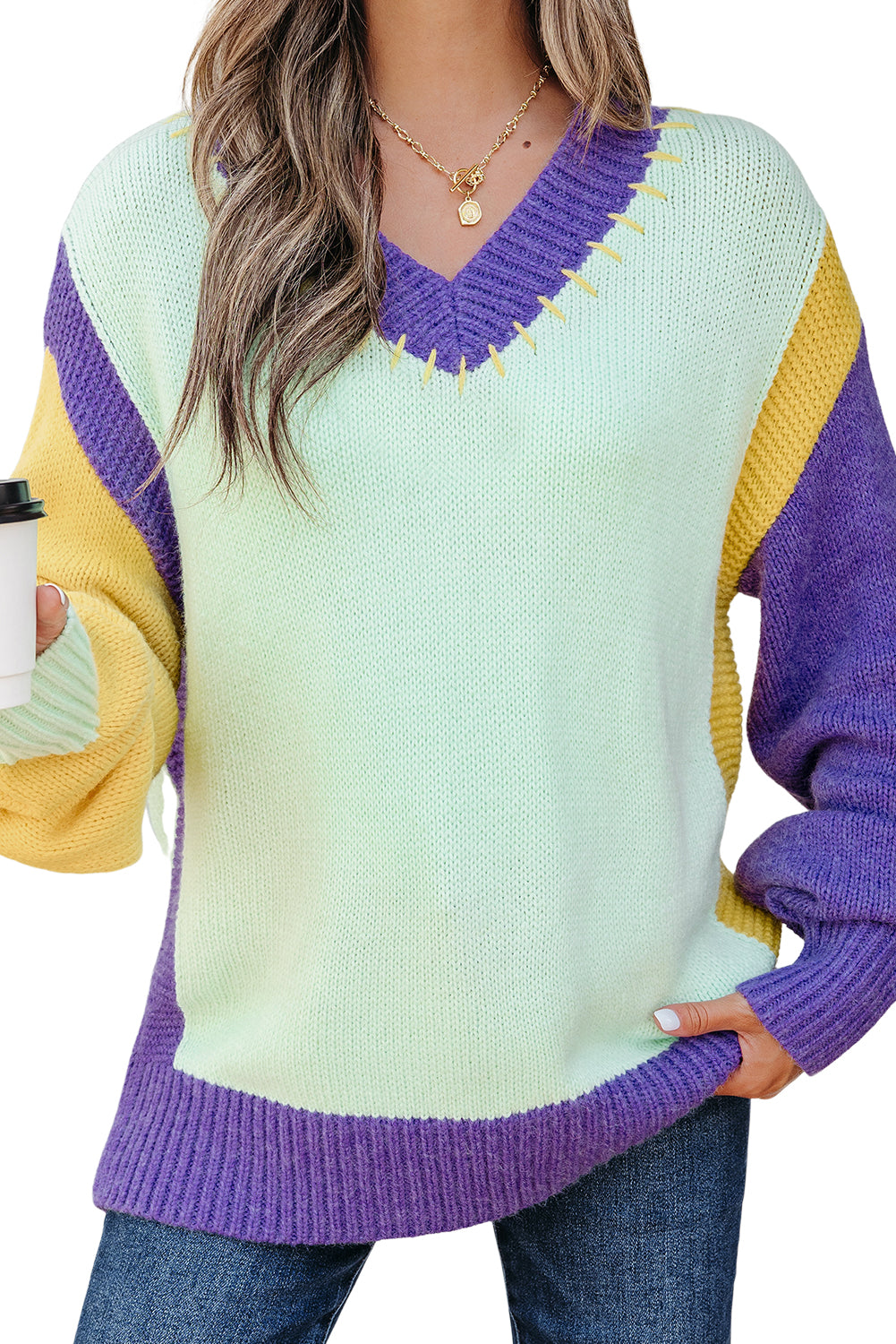 Green Stitched V Neck Color Block Knitted Drop Shoulder Sweater