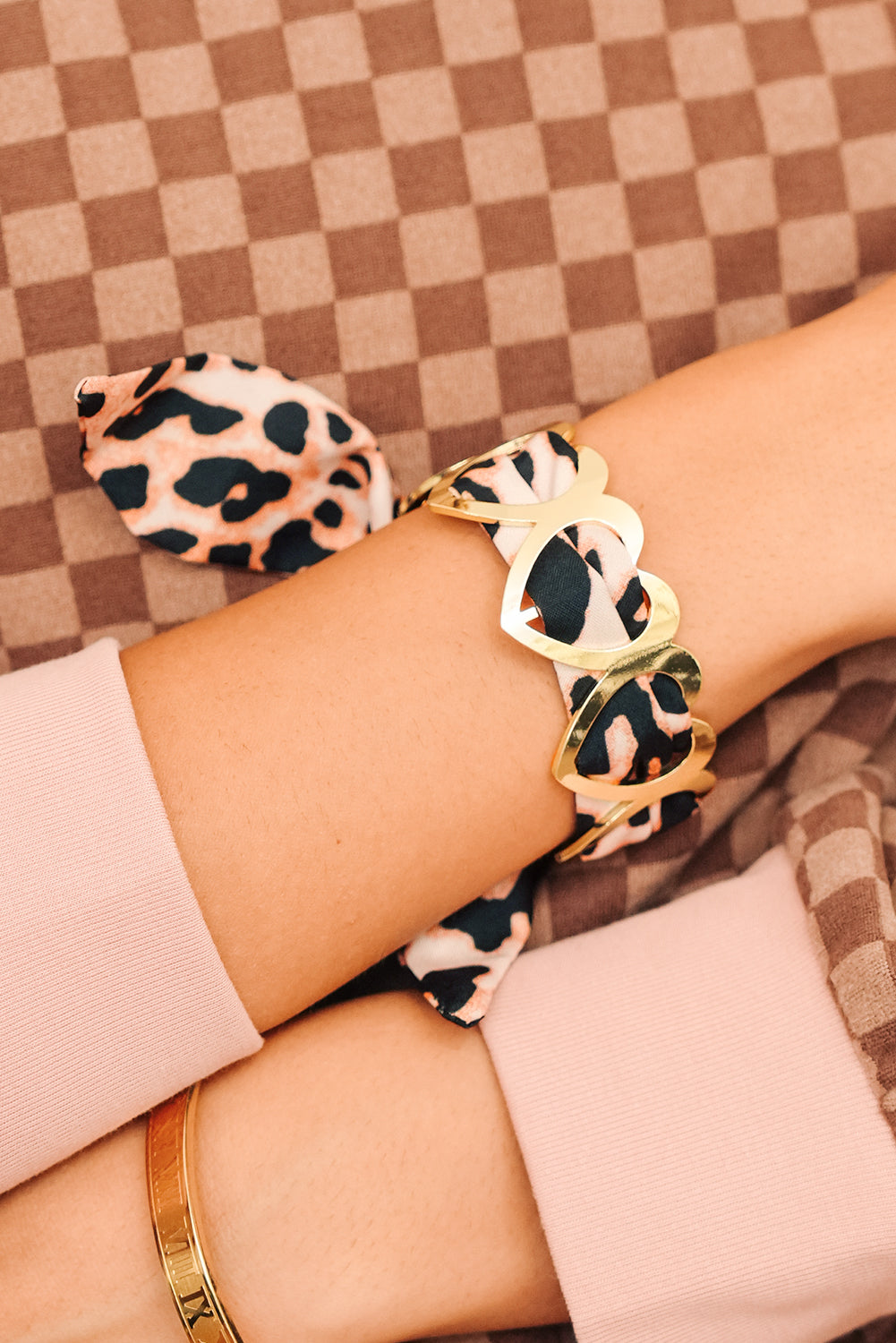 Camel Hollow Out Heart Leopard Print Ribbon Bracelet