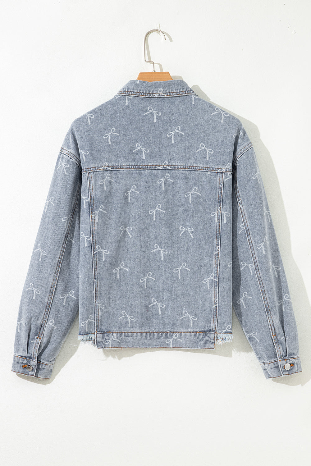 Sky Blue Bow Print Light Wash Raw Hem Denim Jacket