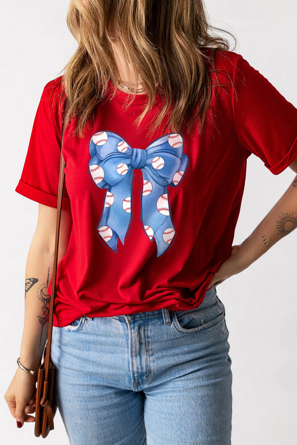 Red Baseball Bowknot Graphic Crew Neck Tee