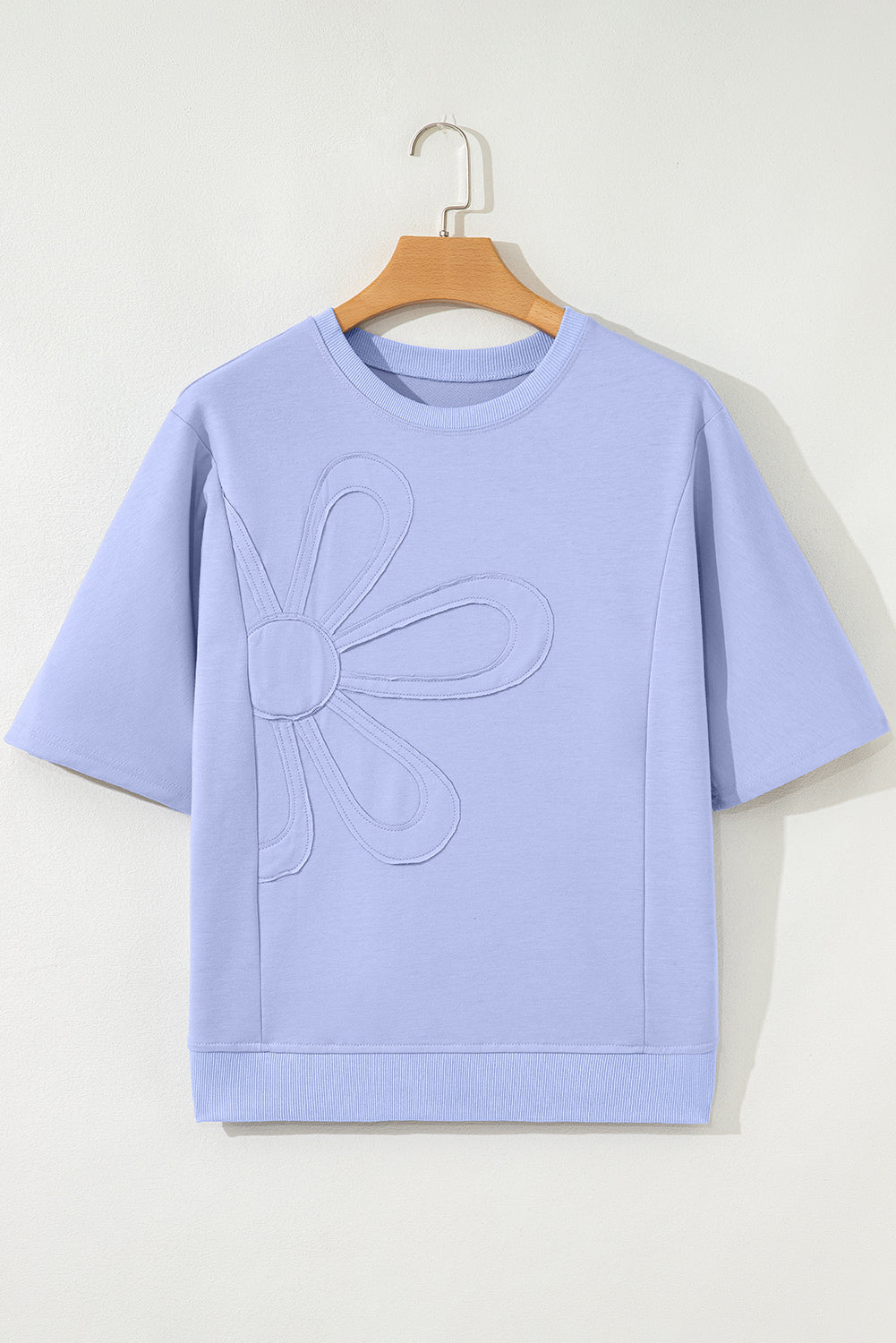 Beau Blue Solid Color Floral Patched Half Sleeve Tunic Top