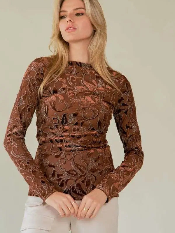 Mesh Pattern Printed Long Sleeve Layering Top