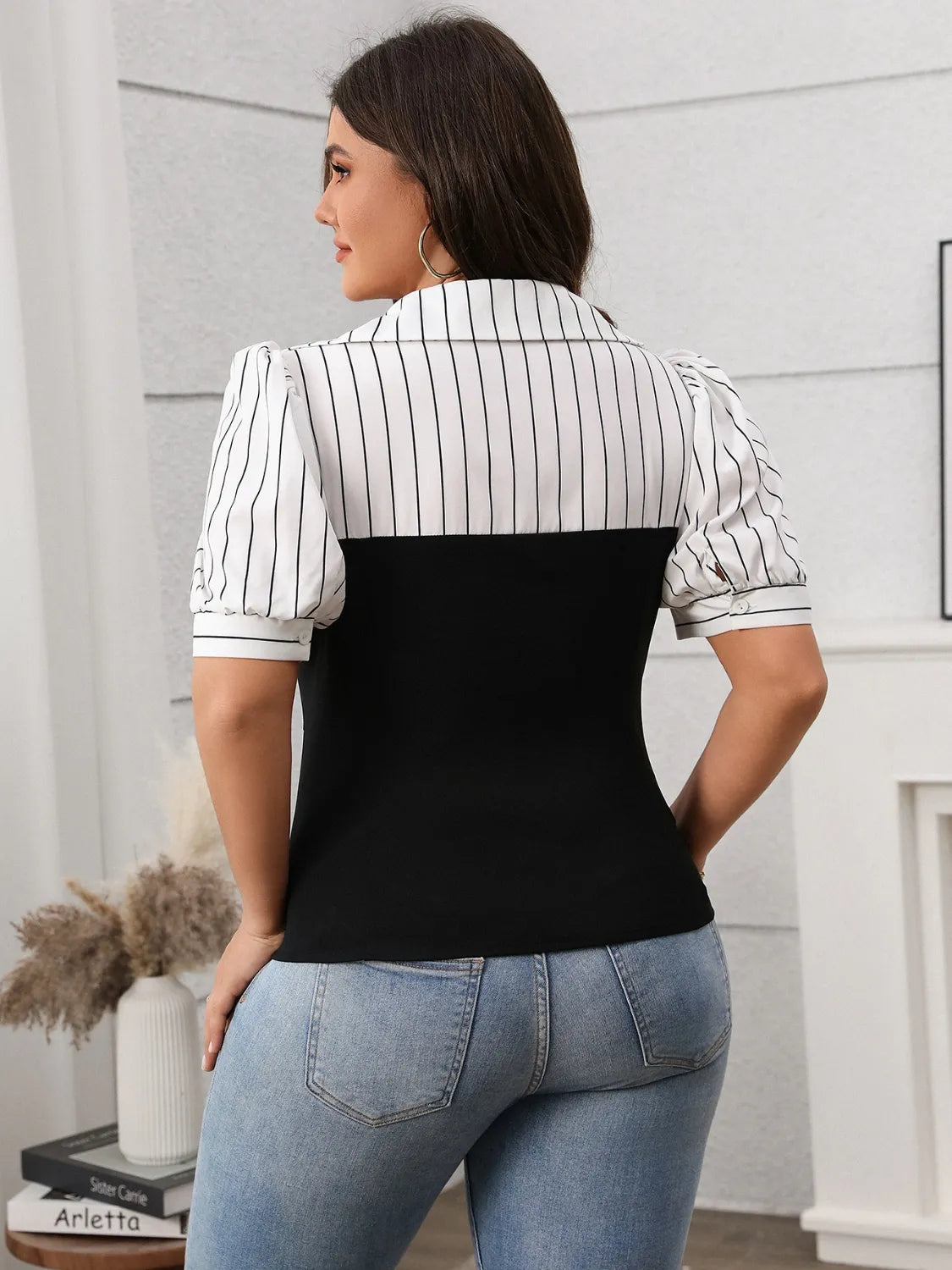 Plus Size Striped Johnny Collar Short Sleeve Blouse