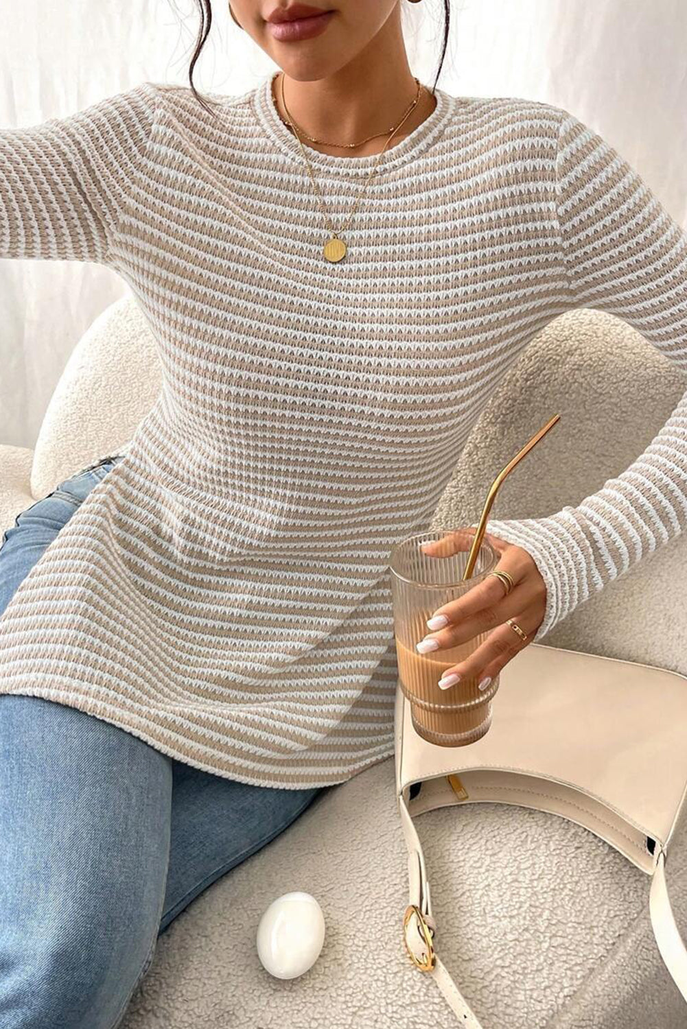 Jet Stream Striped Side Slit Round Neck Long Sleeve Top
