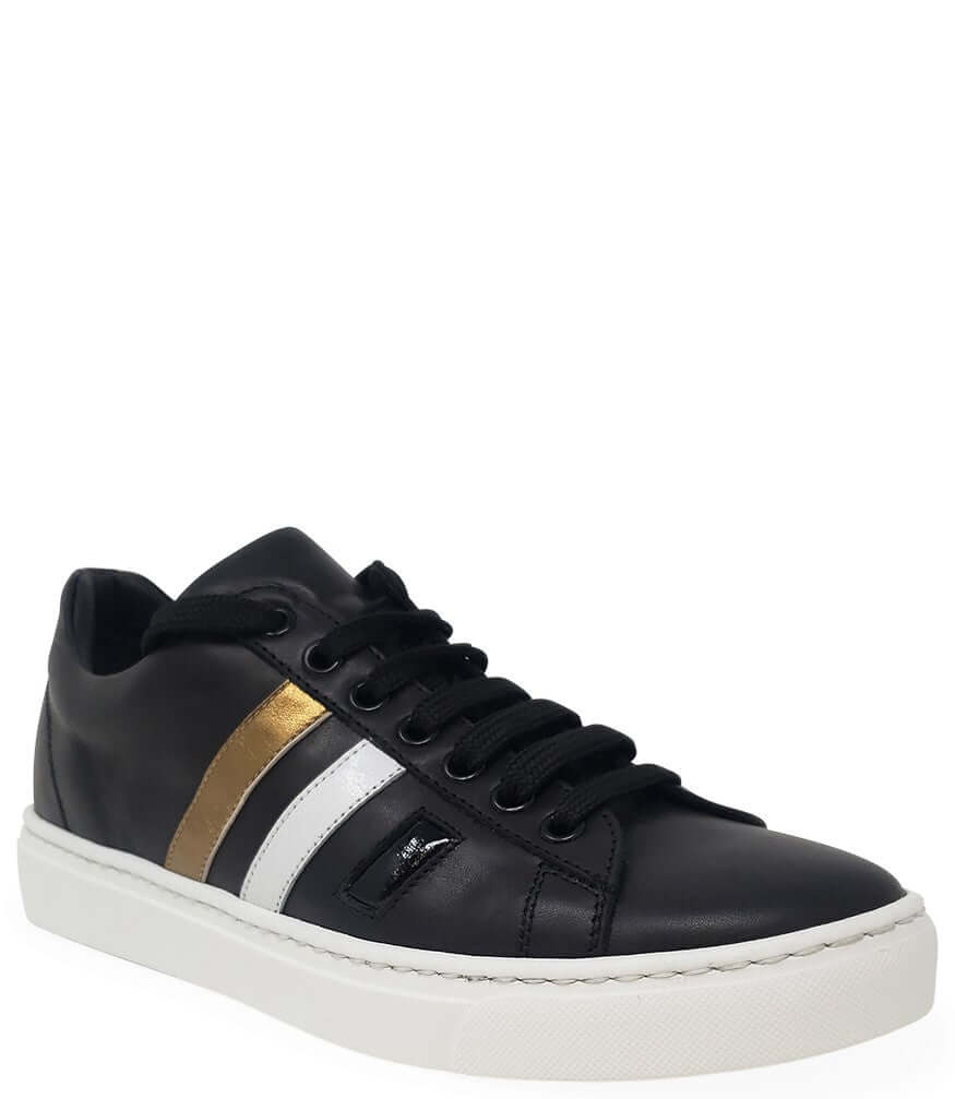 Black Leather 3 Stripe Sneaker