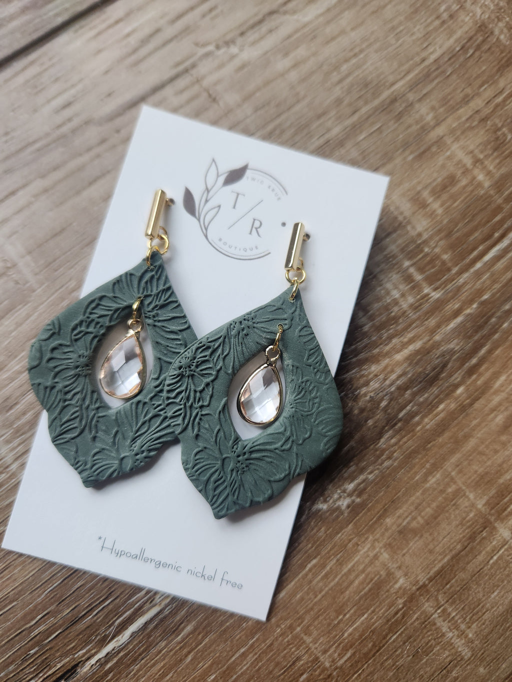 Willow| Floral clay earring with crystal teardrop