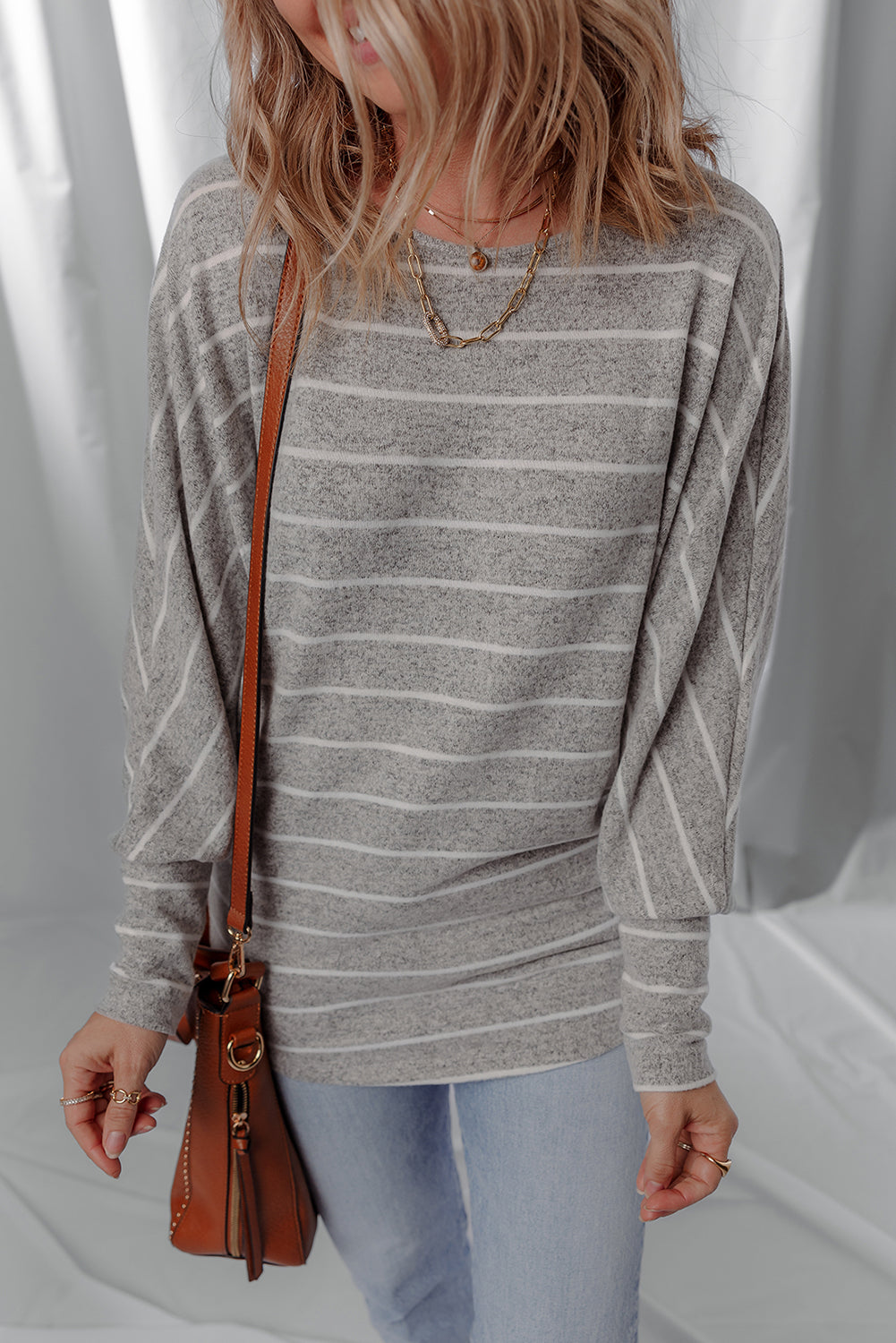 Gray Stripe Bishop Sleeve Drop Shoulder Top