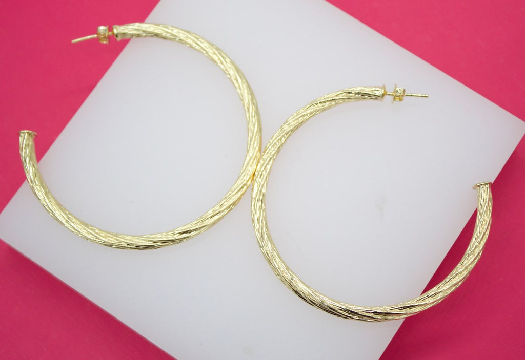18K Gold Filled Large 4mm Open Hoop Twisted Stud Earrings-0